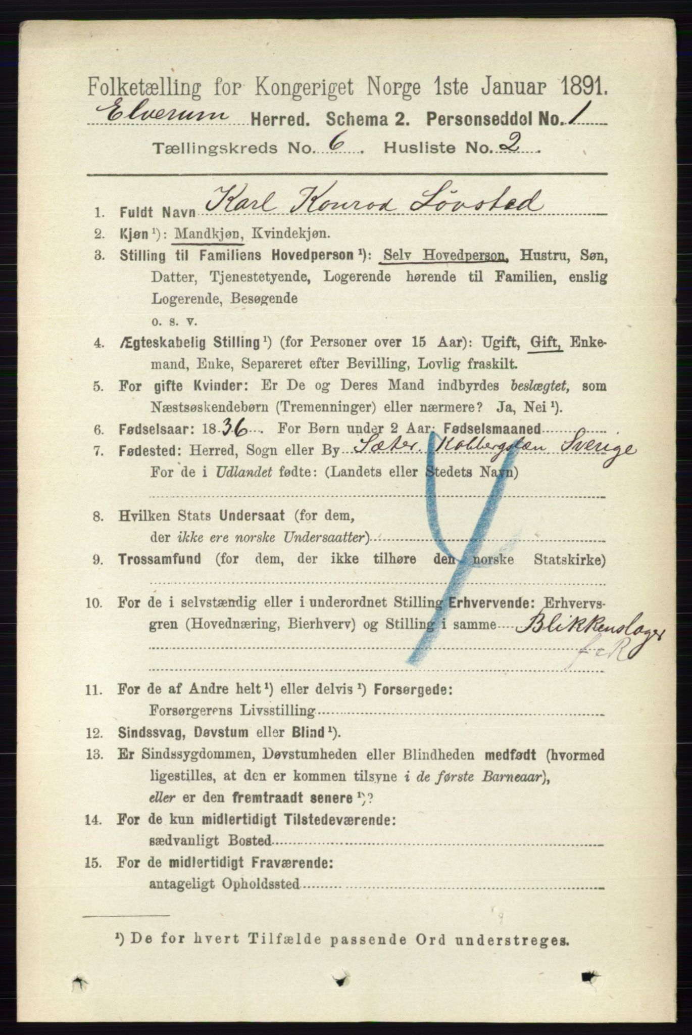 RA, 1891 census for 0427 Elverum, 1891, p. 4358