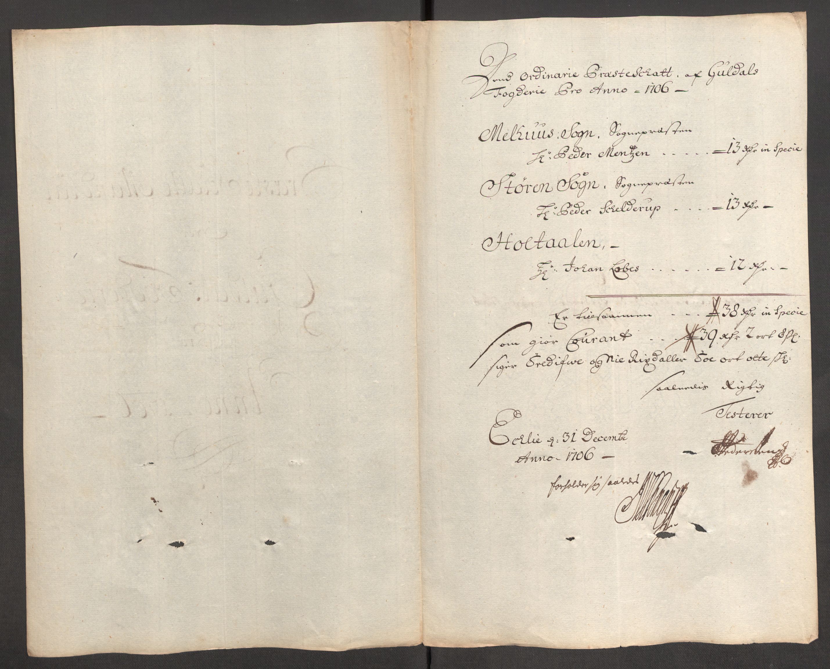 Rentekammeret inntil 1814, Reviderte regnskaper, Fogderegnskap, AV/RA-EA-4092/R60/L3956: Fogderegnskap Orkdal og Gauldal, 1706, p. 298