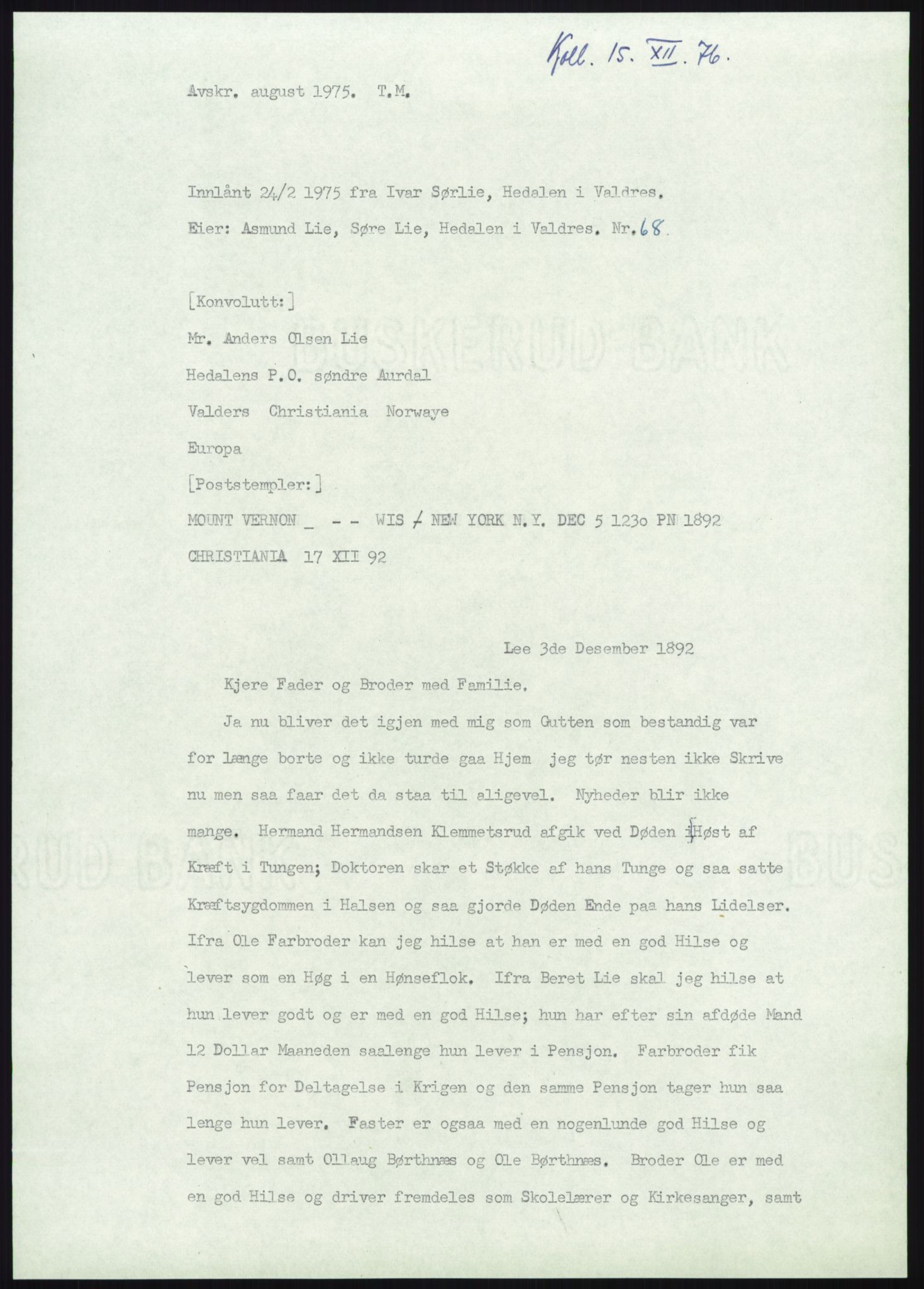 Samlinger til kildeutgivelse, Amerikabrevene, AV/RA-EA-4057/F/L0012: Innlån fra Oppland: Lie (brevnr 1-78), 1838-1914, p. 951