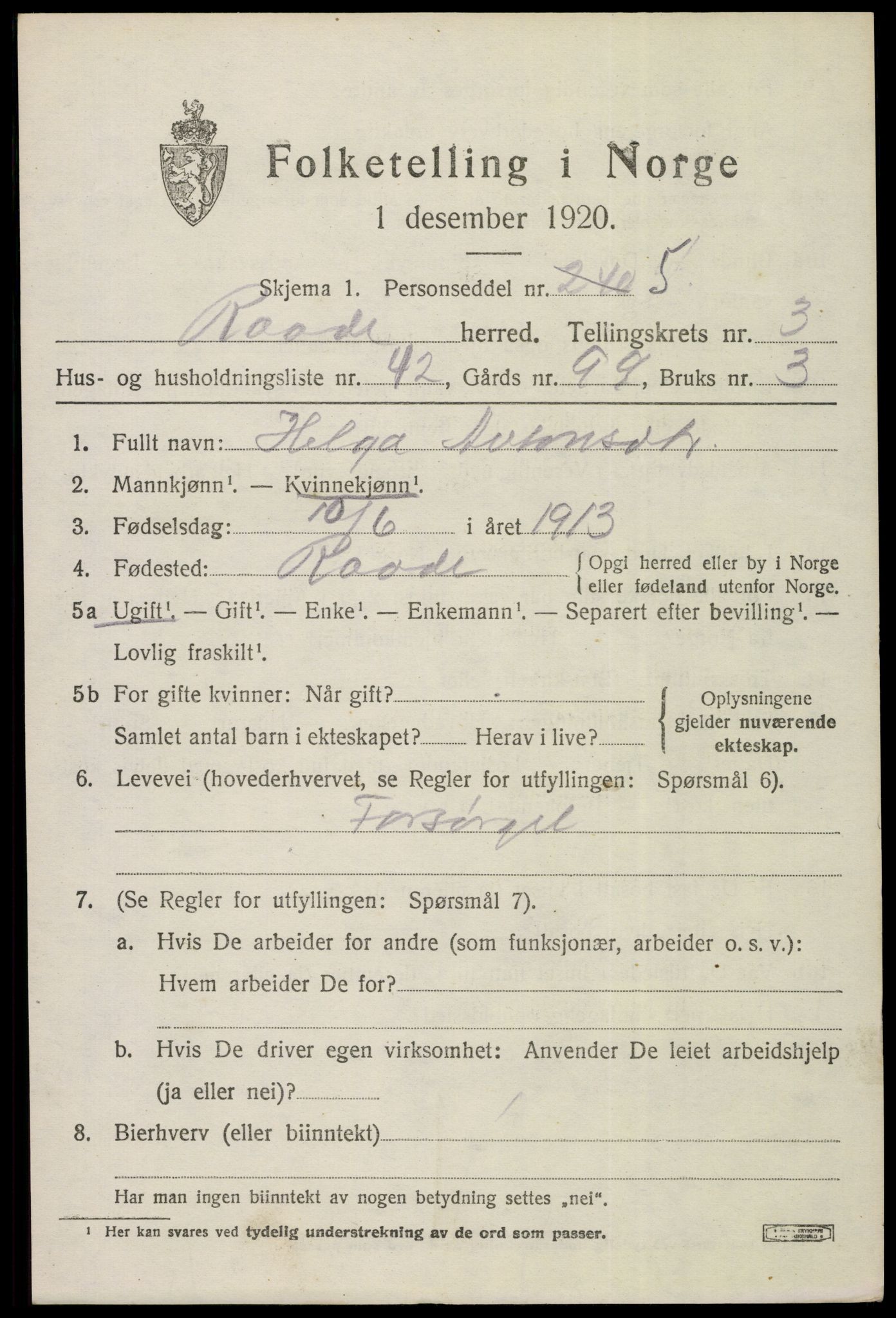 SAO, 1920 census for Råde, 1920, p. 3717