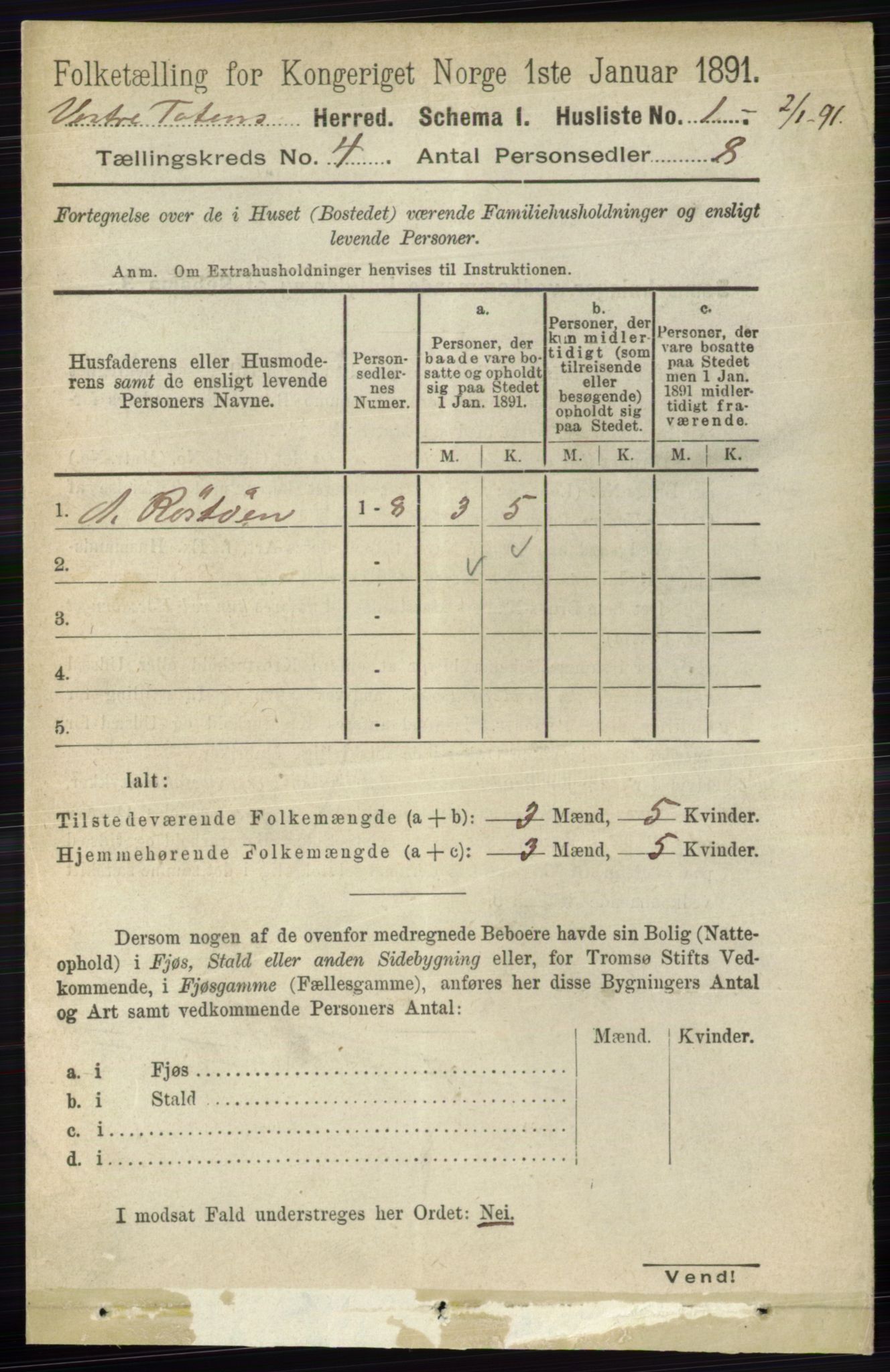 RA, 1891 census for 0529 Vestre Toten, 1891, p. 2635