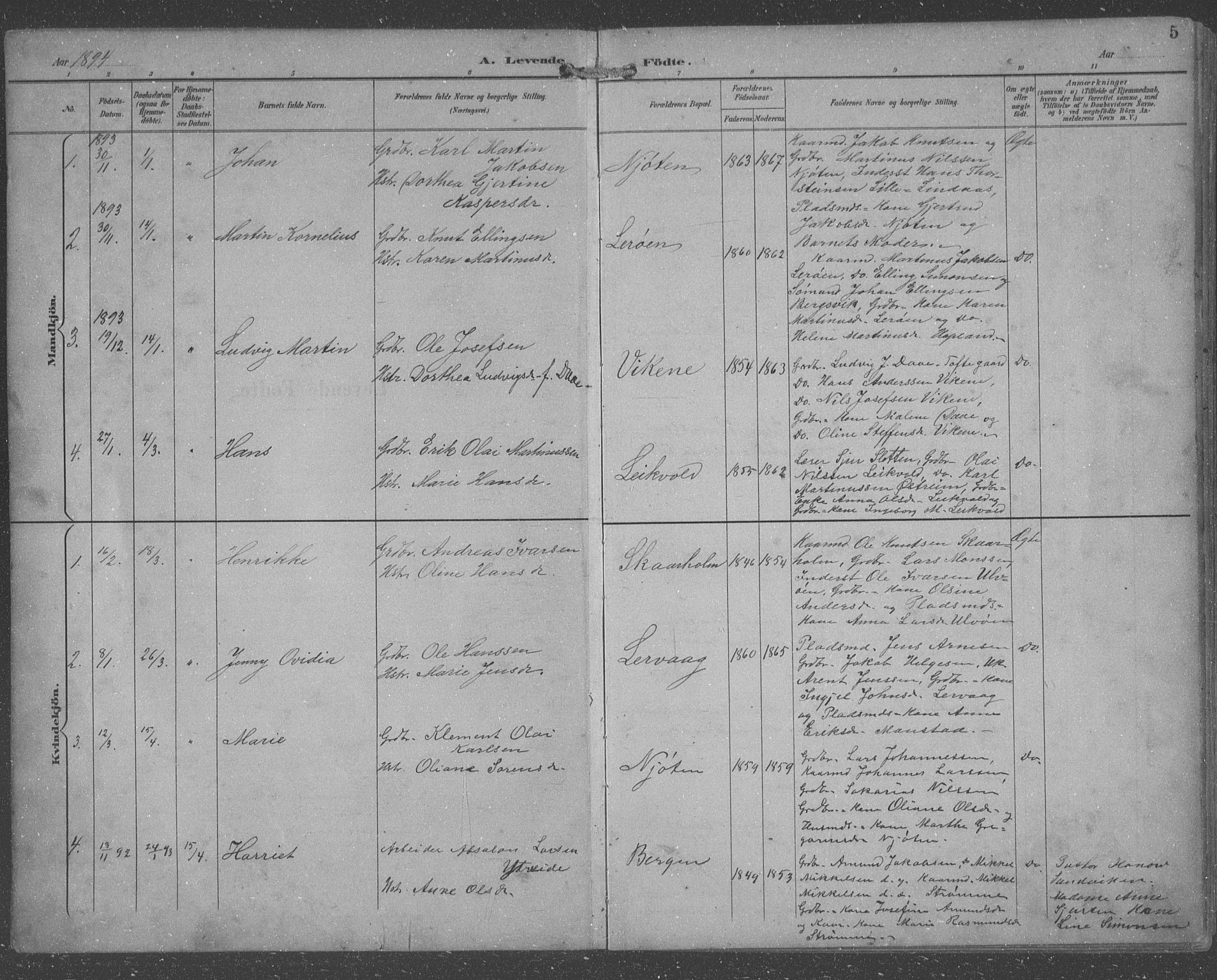 Lindås Sokneprestembete, SAB/A-76701/H/Hab: Parish register (copy) no. C 4, 1894-1910, p. 5