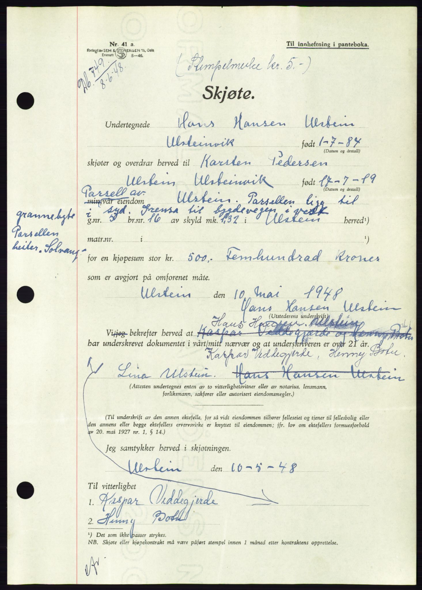 Søre Sunnmøre sorenskriveri, AV/SAT-A-4122/1/2/2C/L0082: Mortgage book no. 8A, 1948-1948, Diary no: : 749/1948