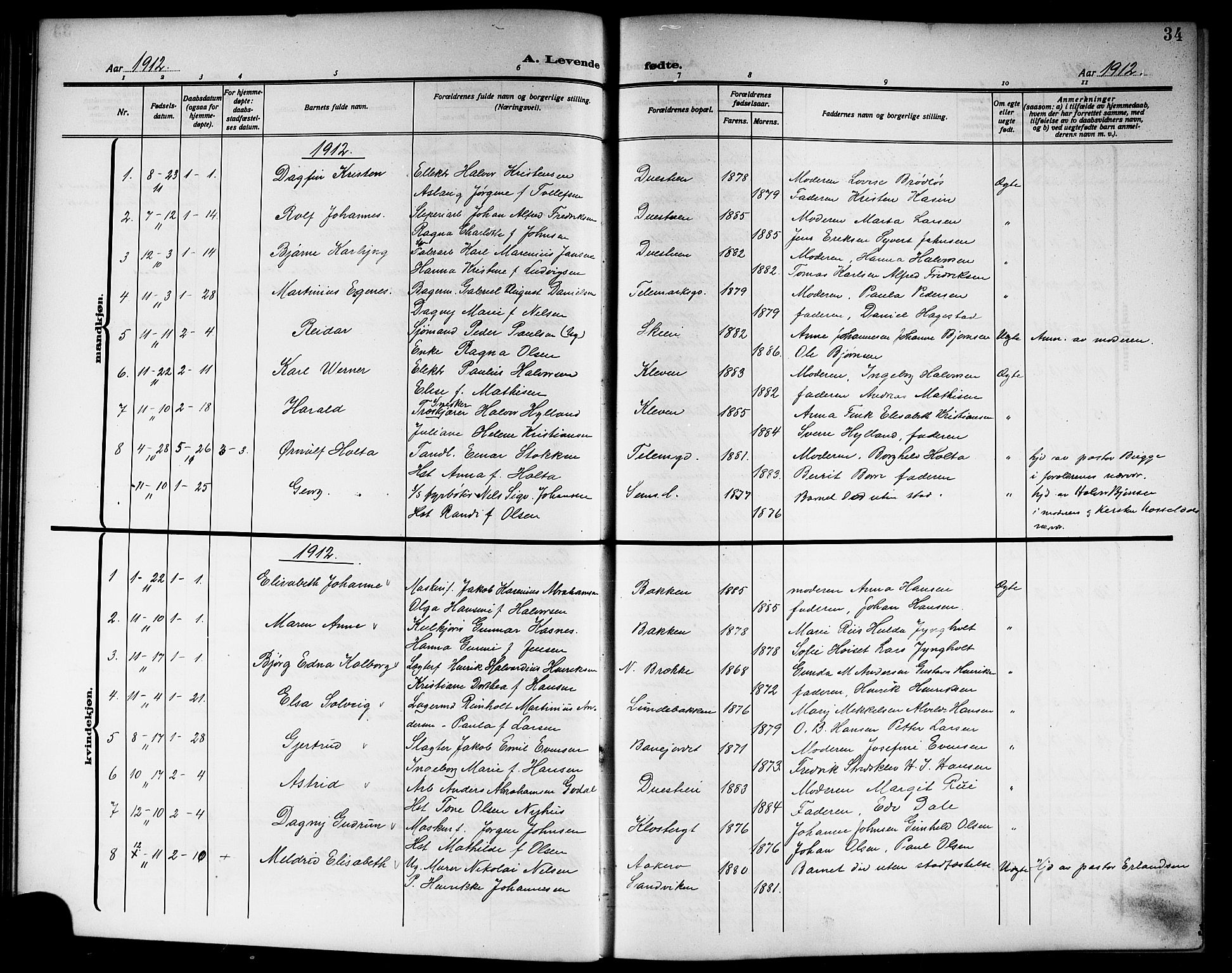 Skien kirkebøker, SAKO/A-302/G/Ga/L0009: Parish register (copy) no. 9, 1910-1920, p. 34