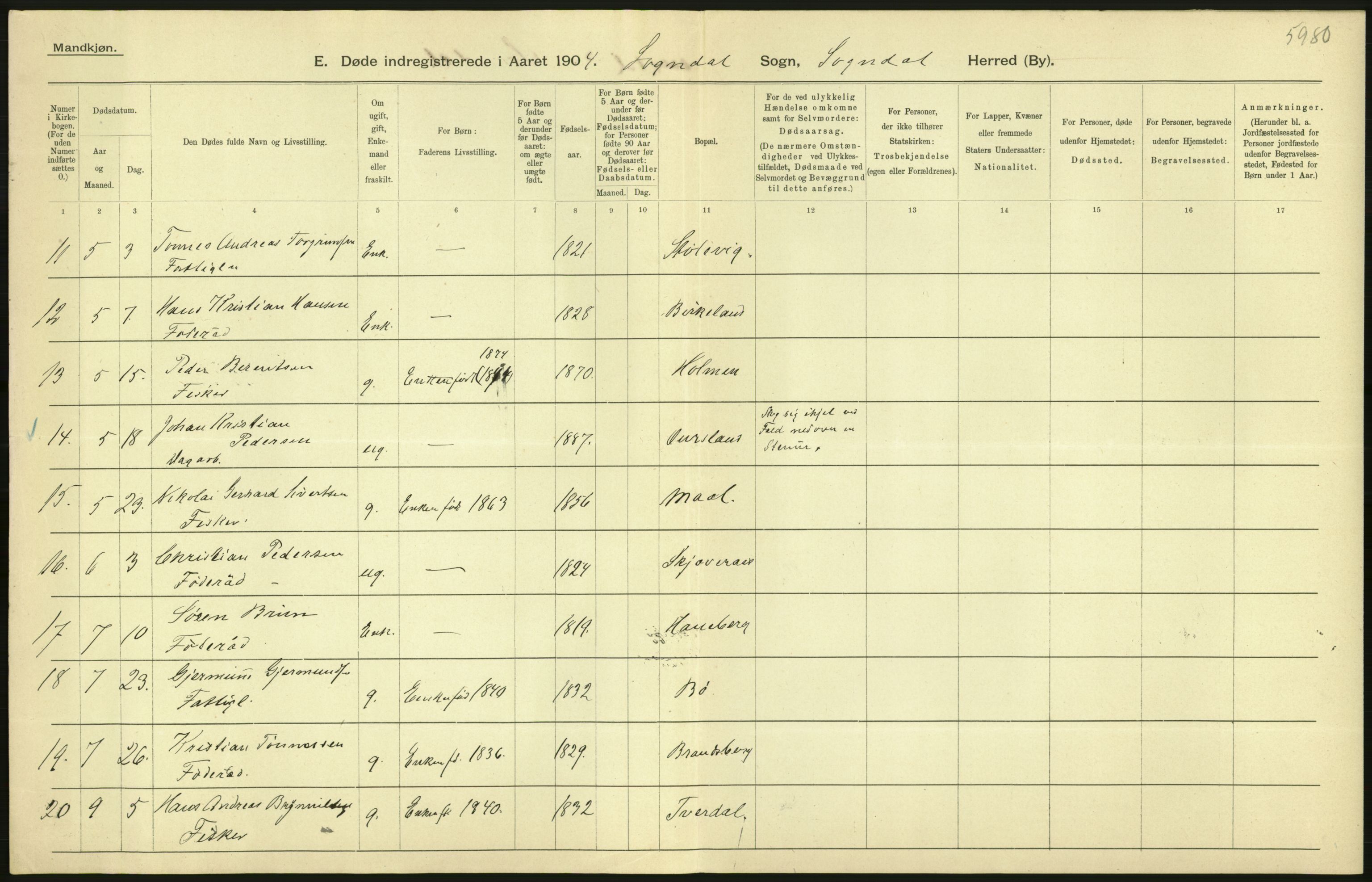 Statistisk sentralbyrå, Sosiodemografiske emner, Befolkning, AV/RA-S-2228/D/Df/Dfa/Dfab/L0012: Stavanger amt: Fødte, gifte, døde, 1904, p. 814