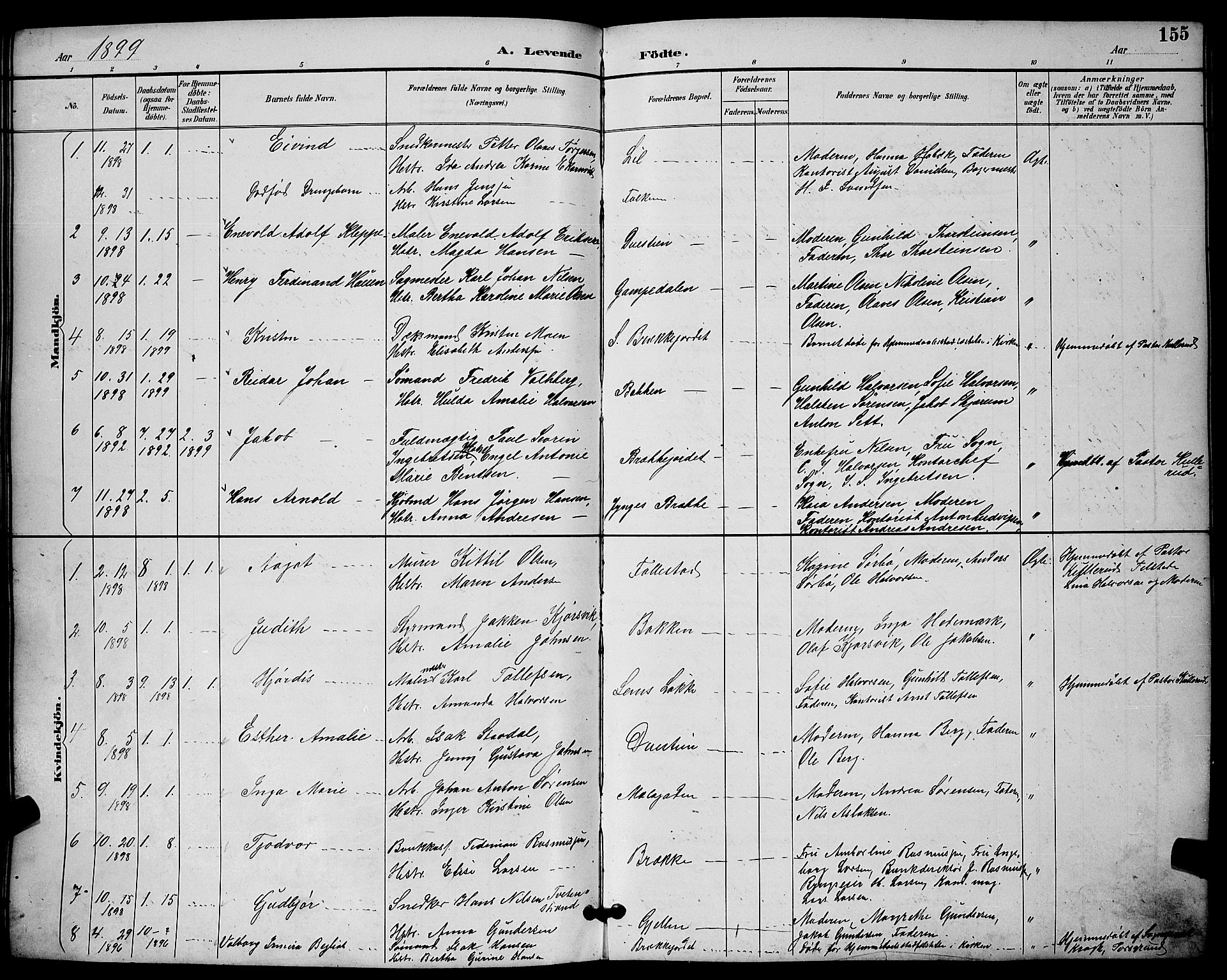 Skien kirkebøker, SAKO/A-302/G/Ga/L0007: Parish register (copy) no. 7, 1891-1900, p. 155