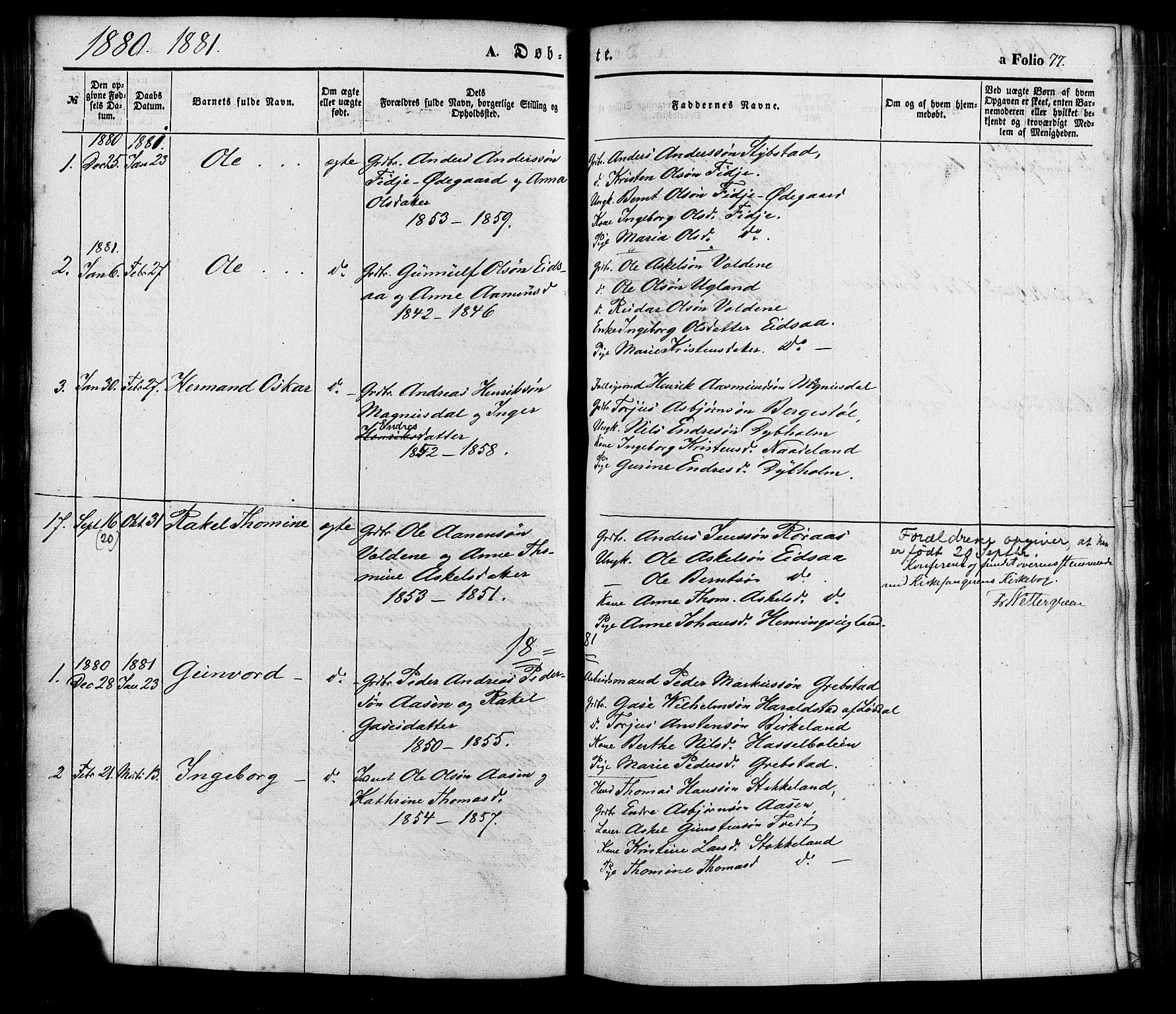 Søgne sokneprestkontor, SAK/1111-0037/F/Fa/Faa/L0002: Parish register (official) no. A 2, 1854-1882, p. 77