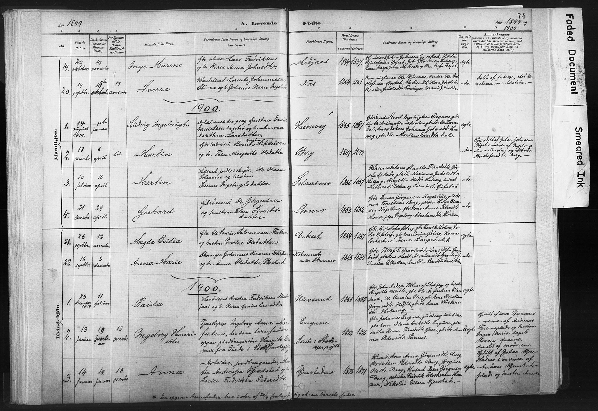 Ministerialprotokoller, klokkerbøker og fødselsregistre - Nord-Trøndelag, AV/SAT-A-1458/749/L0474: Parish register (official) no. 749A08, 1887-1903, p. 74