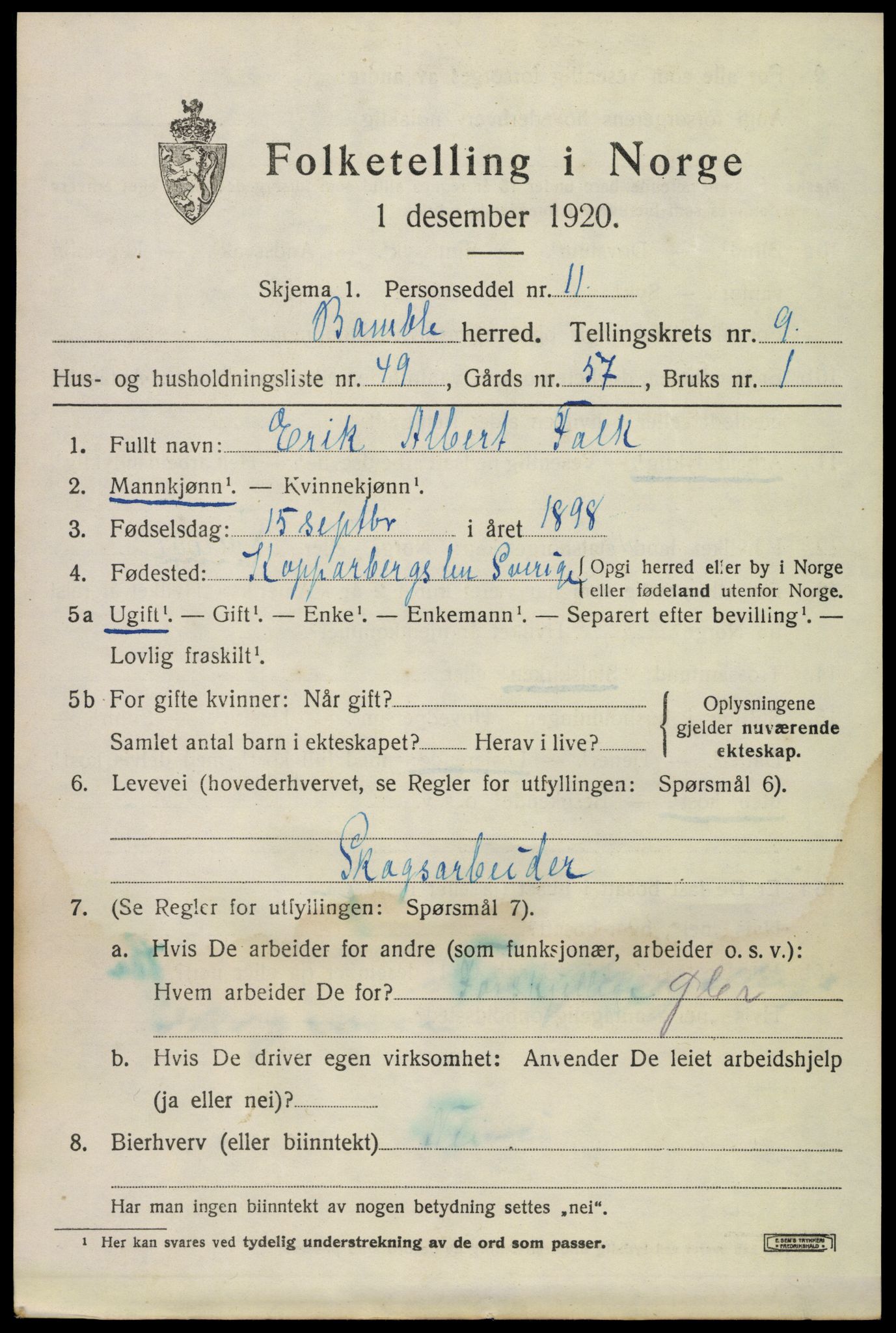 SAKO, 1920 census for Bamble, 1920, p. 8271