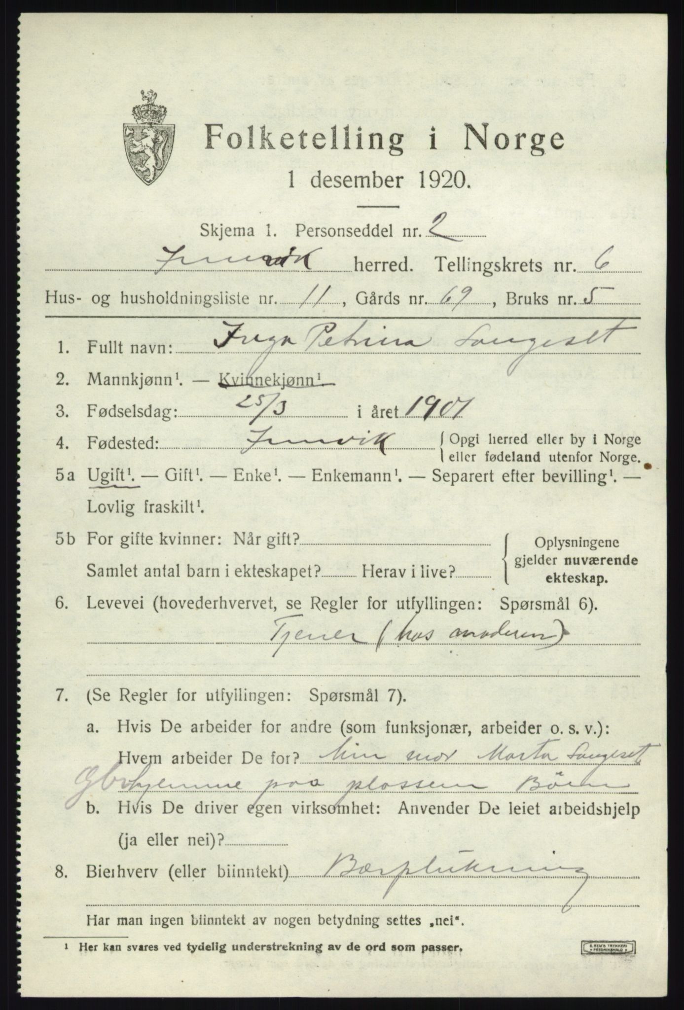 SAB, 1920 census for Innvik, 1920, p. 3143