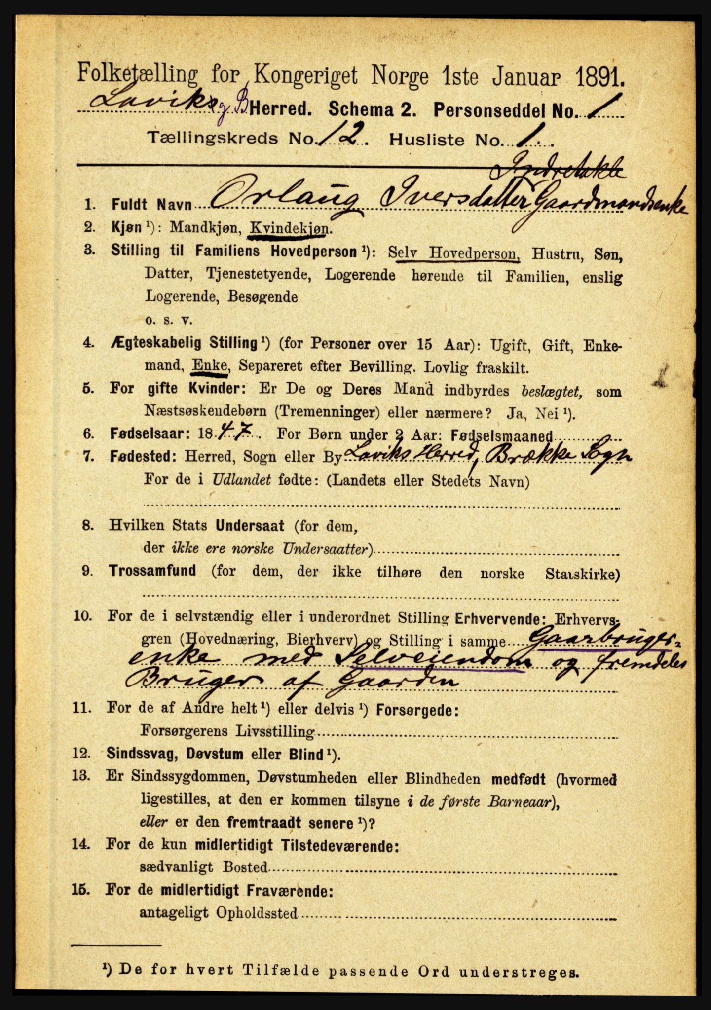 RA, 1891 census for 1415 Lavik og Brekke, 1891, p. 2350