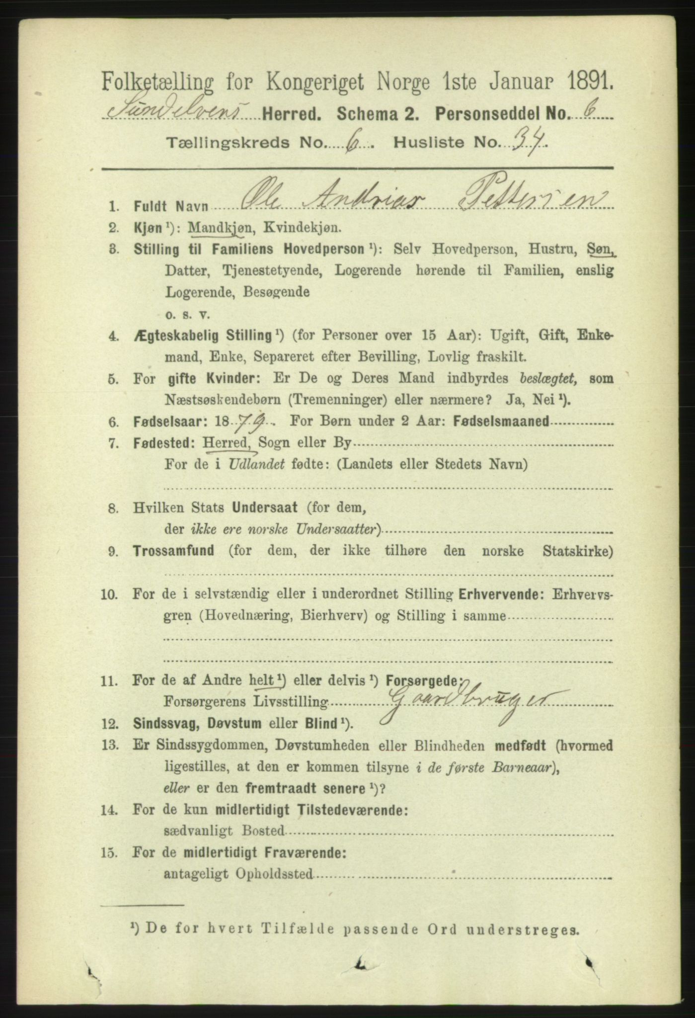 RA, 1891 census for 1523 Sunnylven, 1891, p. 1698