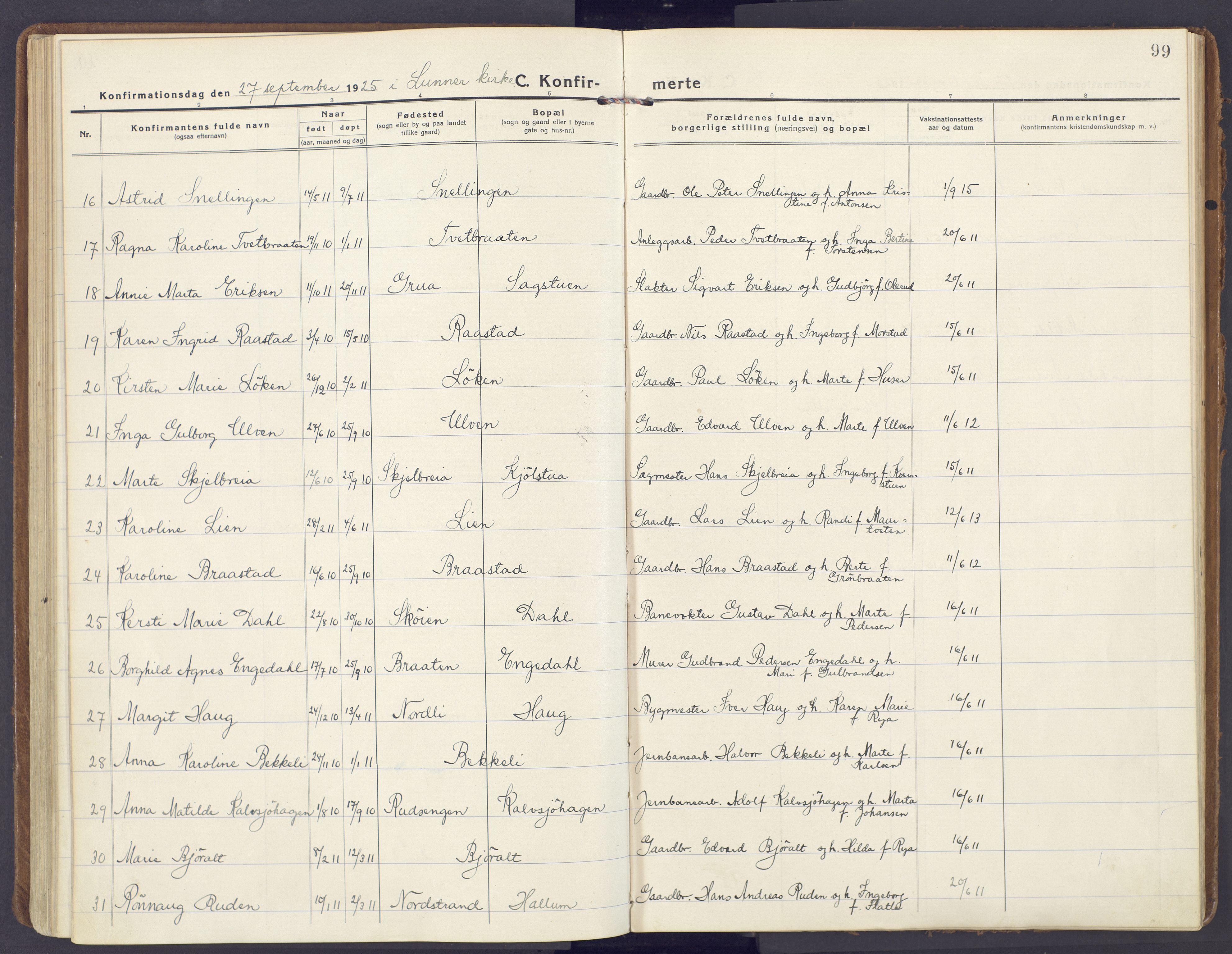 Lunner prestekontor, AV/SAH-PREST-118/H/Ha/Haa/L0002: Parish register (official) no. 2, 1922-1931, p. 99