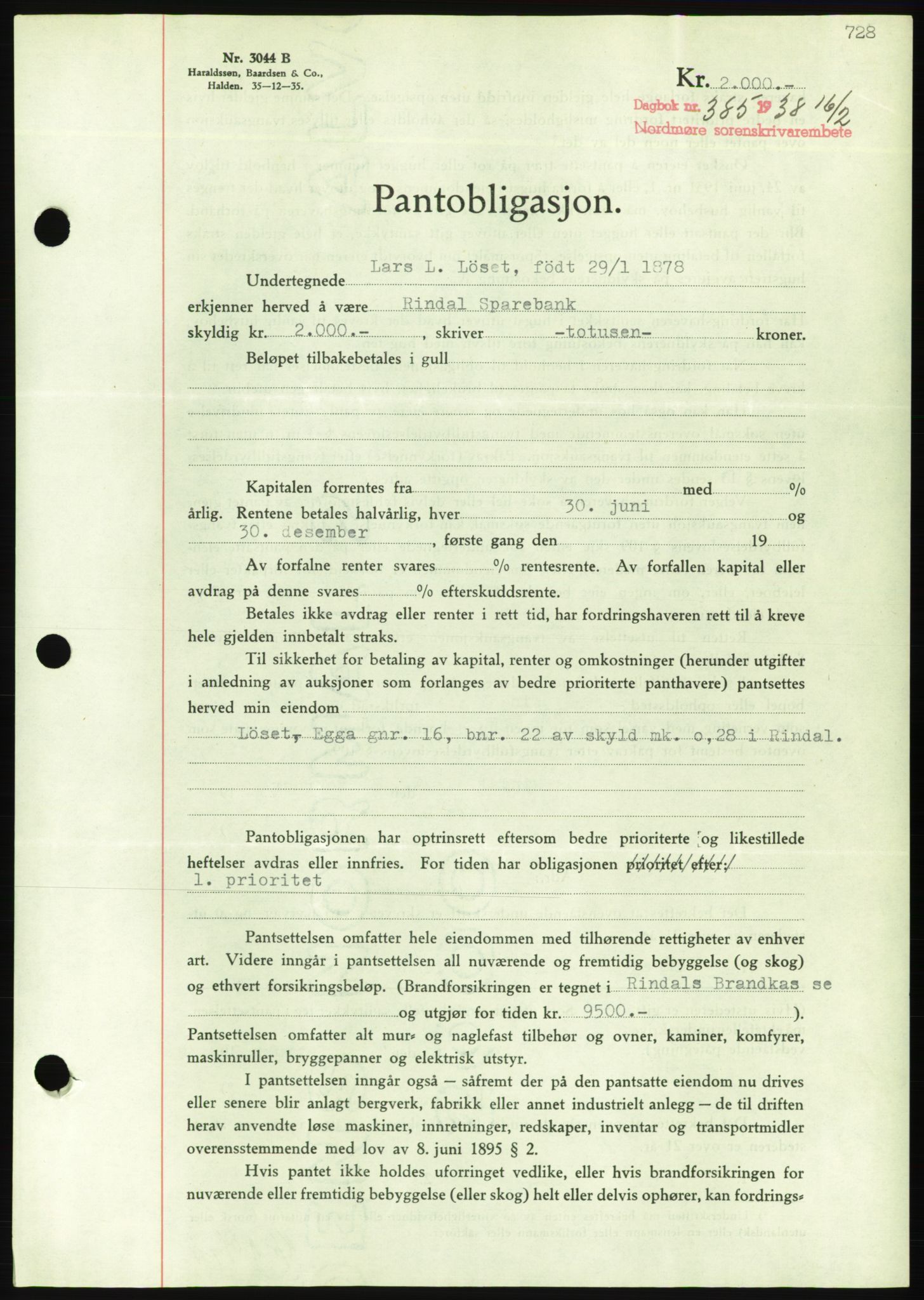 Nordmøre sorenskriveri, AV/SAT-A-4132/1/2/2Ca/L0092: Mortgage book no. B82, 1937-1938, Diary no: : 385/1938