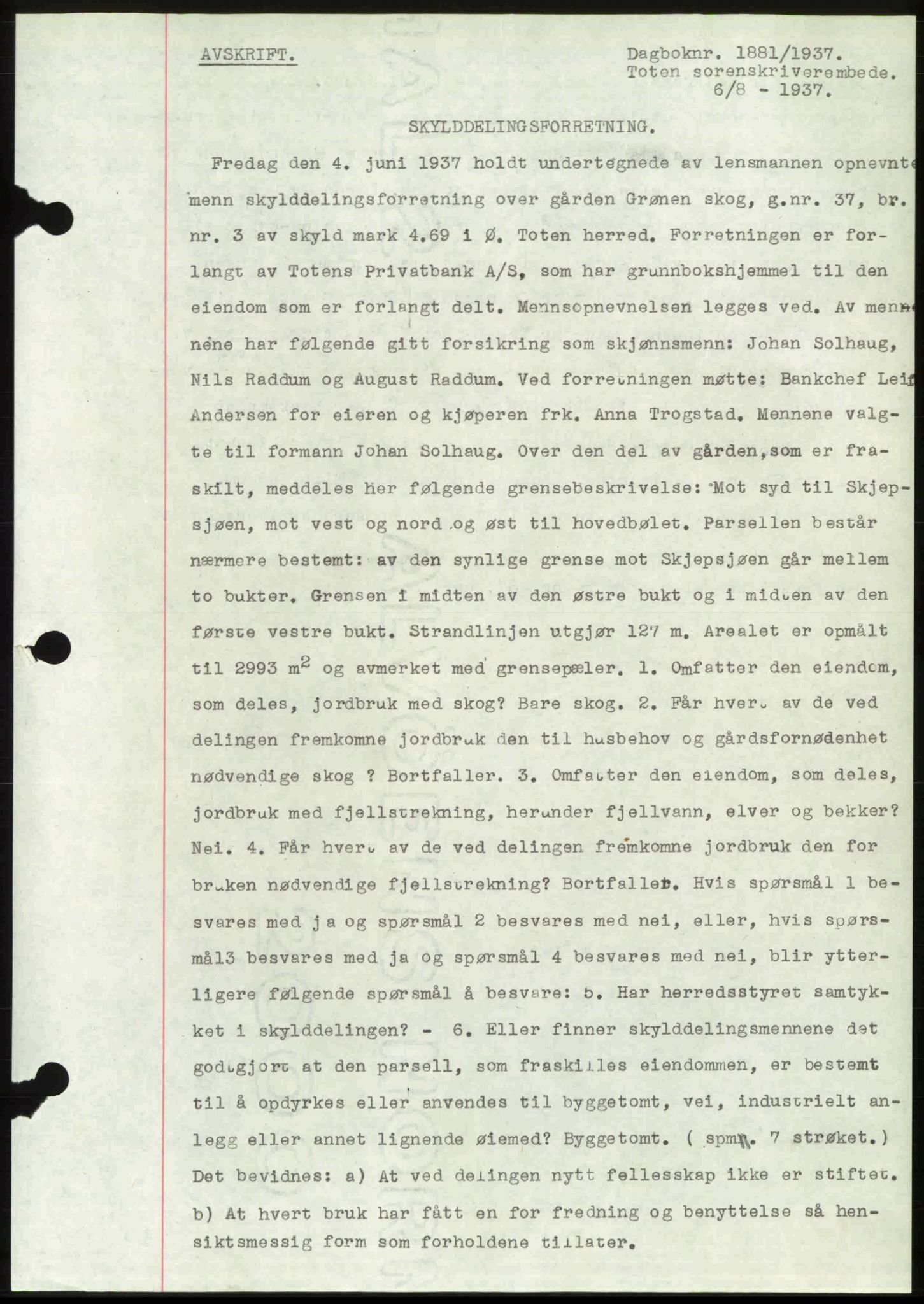 Toten tingrett, SAH/TING-006/H/Hb/Hbc/L0003: Mortgage book no. Hbc-03, 1937-1938, Diary no: : 1881/1937