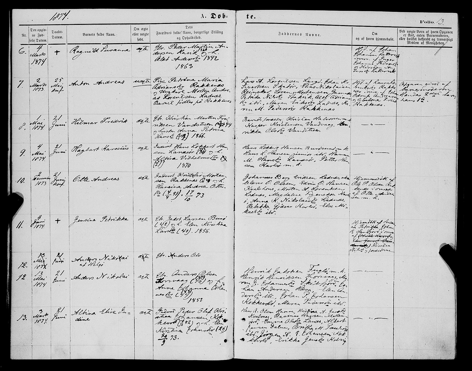 Karlsøy sokneprestembete, SATØ/S-1299/H/Ha/Haa/L0005kirke: Parish register (official) no. 5, 1872-1878, p. 13