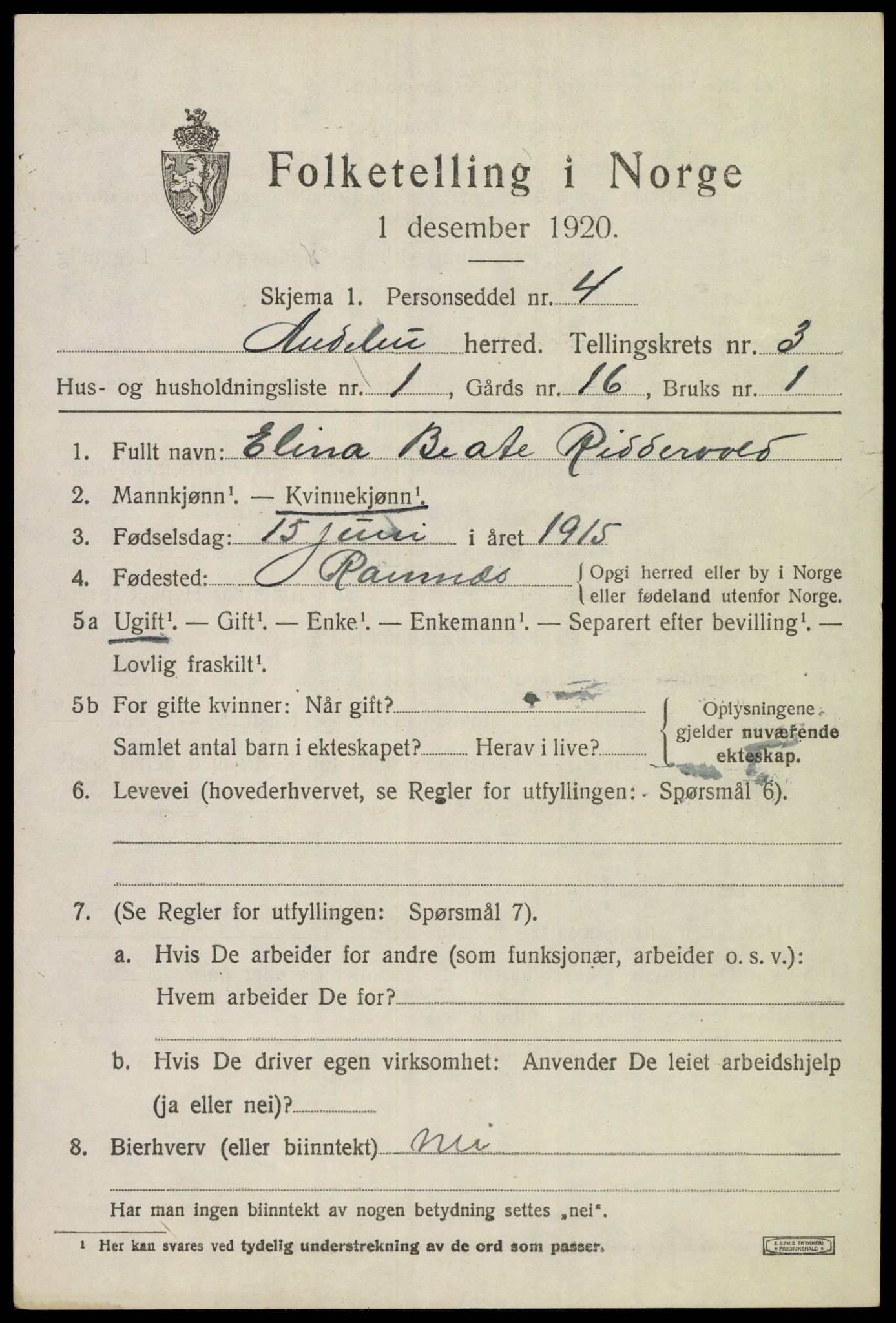 SAKO, 1920 census for Andebu, 1920, p. 1844