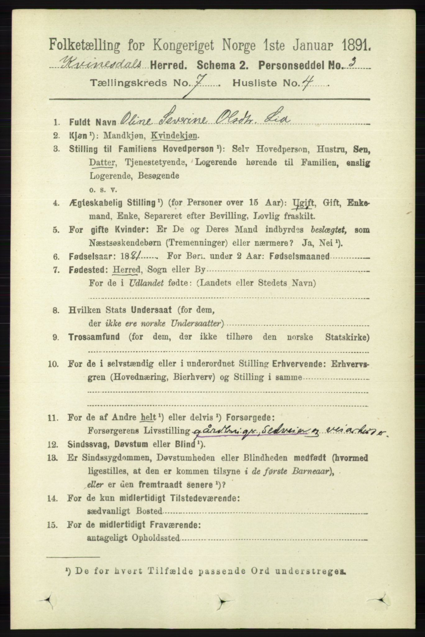 RA, 1891 census for 1037 Kvinesdal, 1891, p. 2441