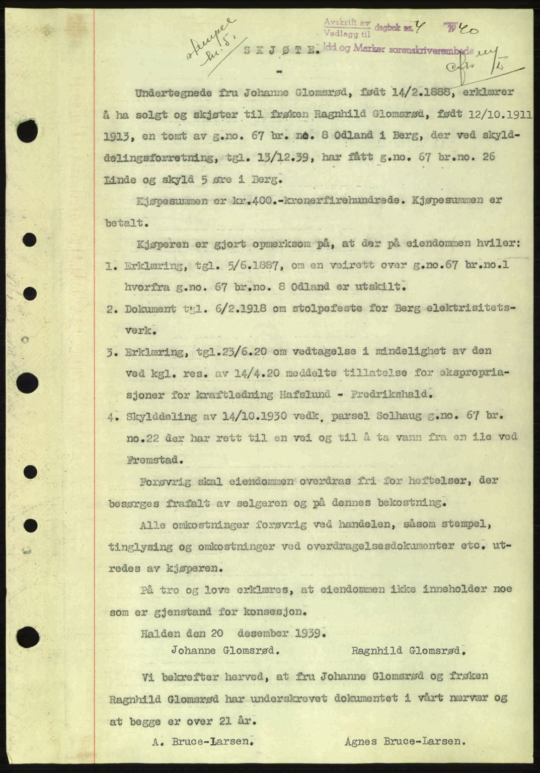 Idd og Marker sorenskriveri, AV/SAO-A-10283/G/Gb/Gbb/L0004: Mortgage book no. A4, 1940-1941, Diary no: : 4/1940