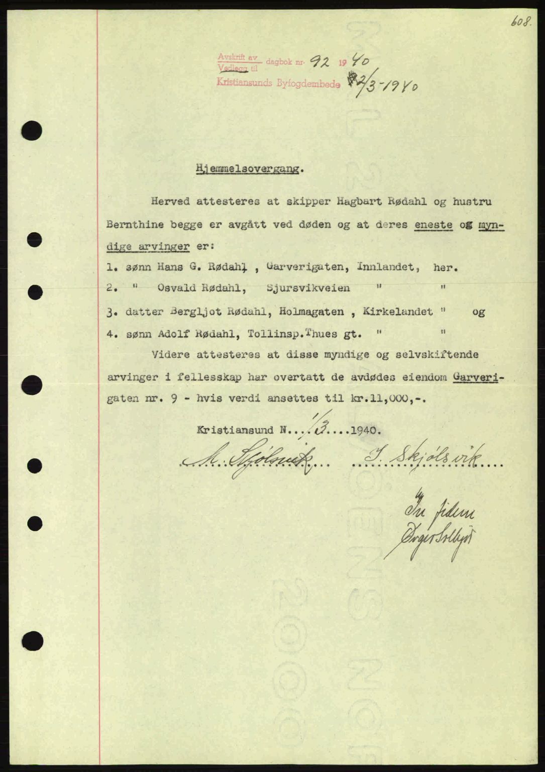 Kristiansund byfogd, AV/SAT-A-4587/A/27: Mortgage book no. 30, 1936-1941, Diary no: : 92/1940