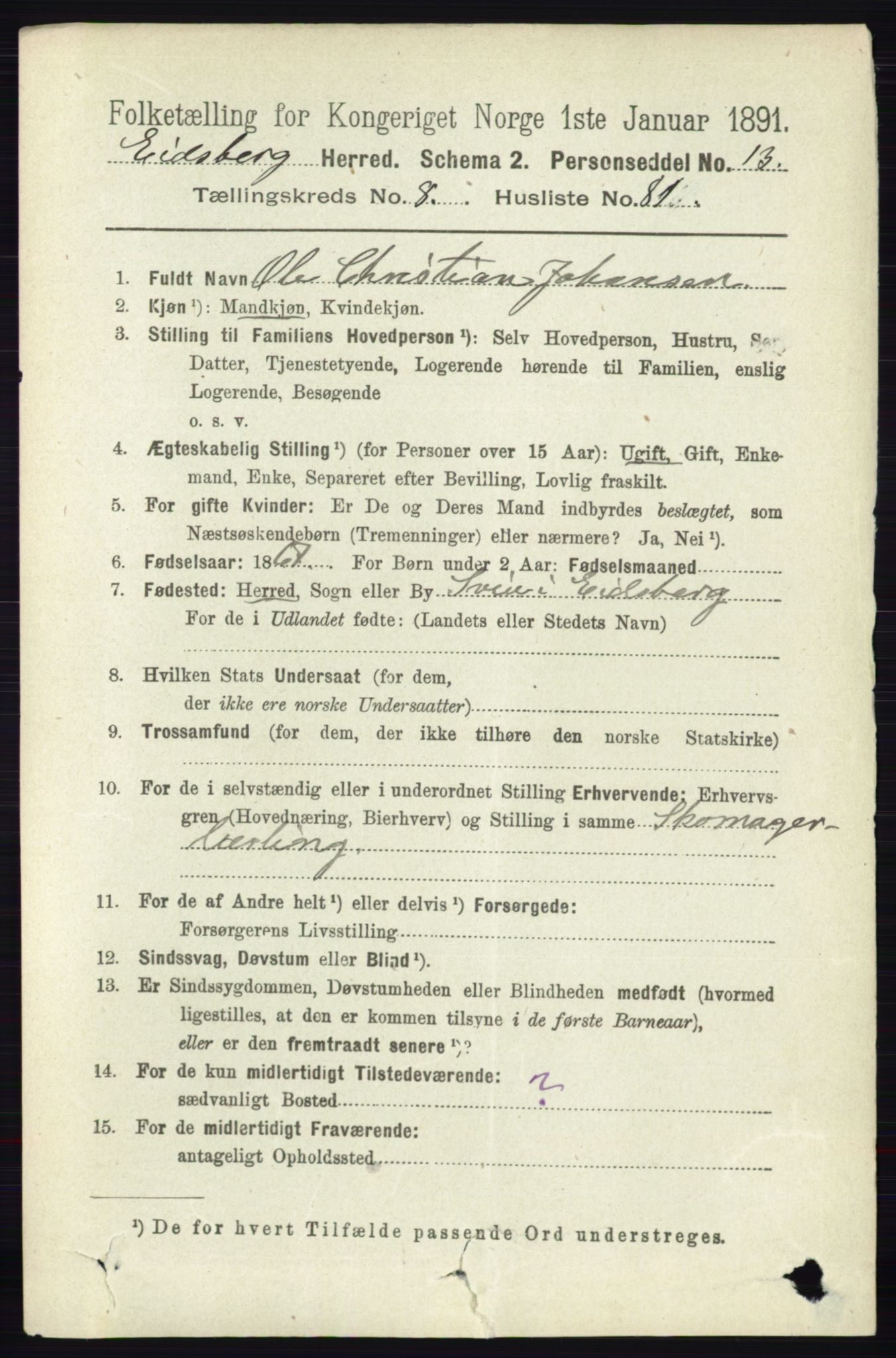 RA, 1891 census for 0125 Eidsberg, 1891, p. 5093