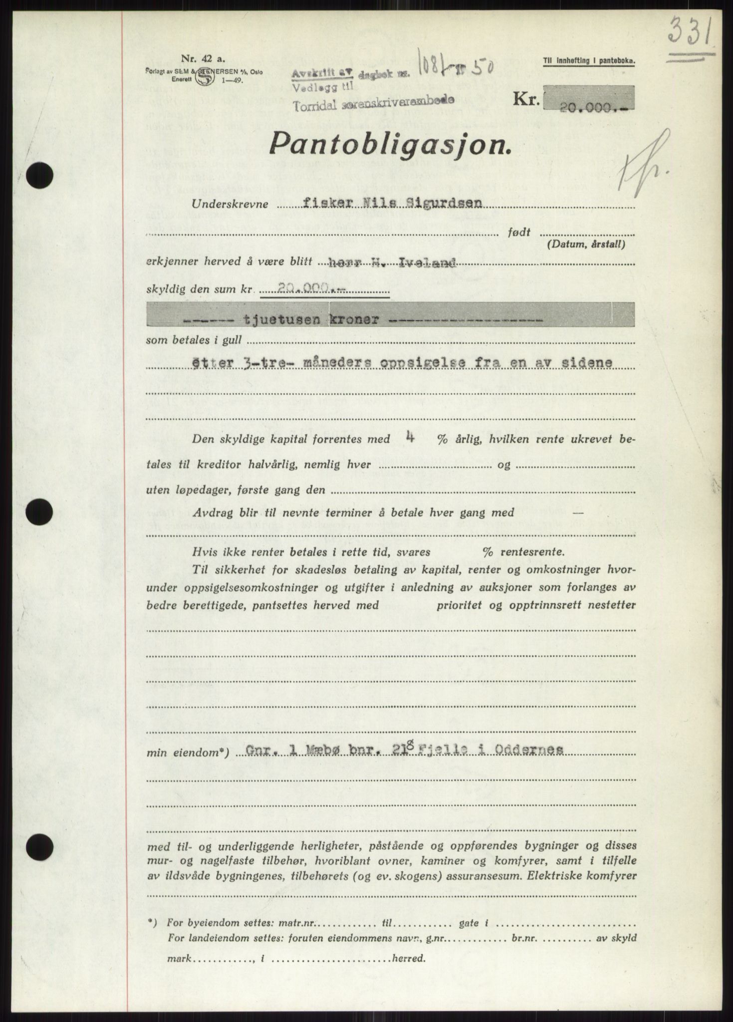 Torridal sorenskriveri, AV/SAK-1221-0012/G/Gb/Gbb/L0019: Mortgage book no. 62B, 1950-1950, Diary no: : 1081/1950