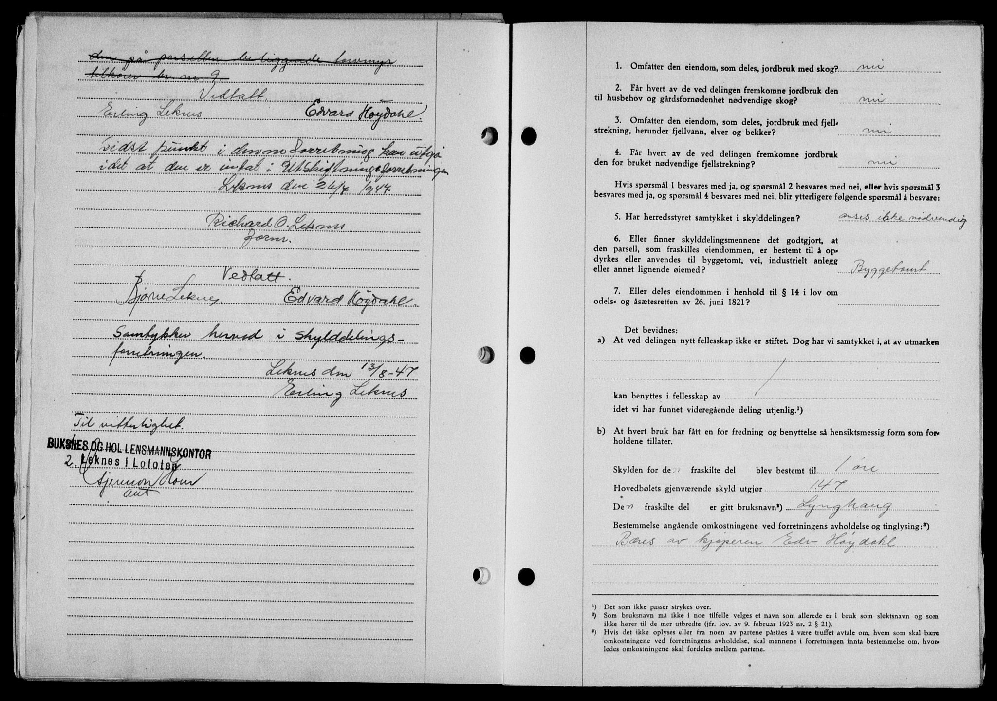 Lofoten sorenskriveri, SAT/A-0017/1/2/2C/L0016a: Mortgage book no. 16a, 1947-1947, Diary no: : 1304/1947