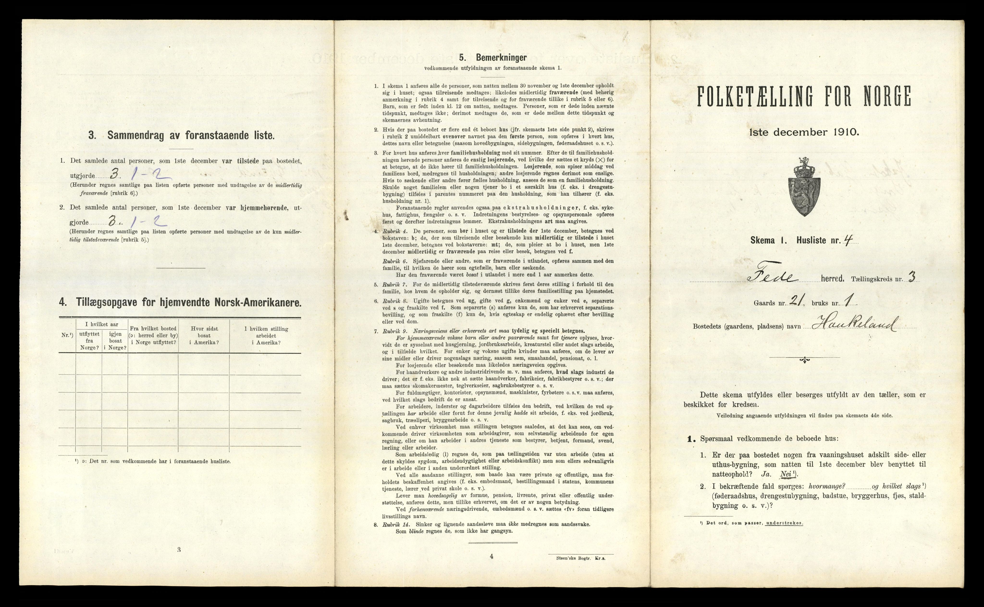 RA, 1910 census for Feda, 1910, p. 329