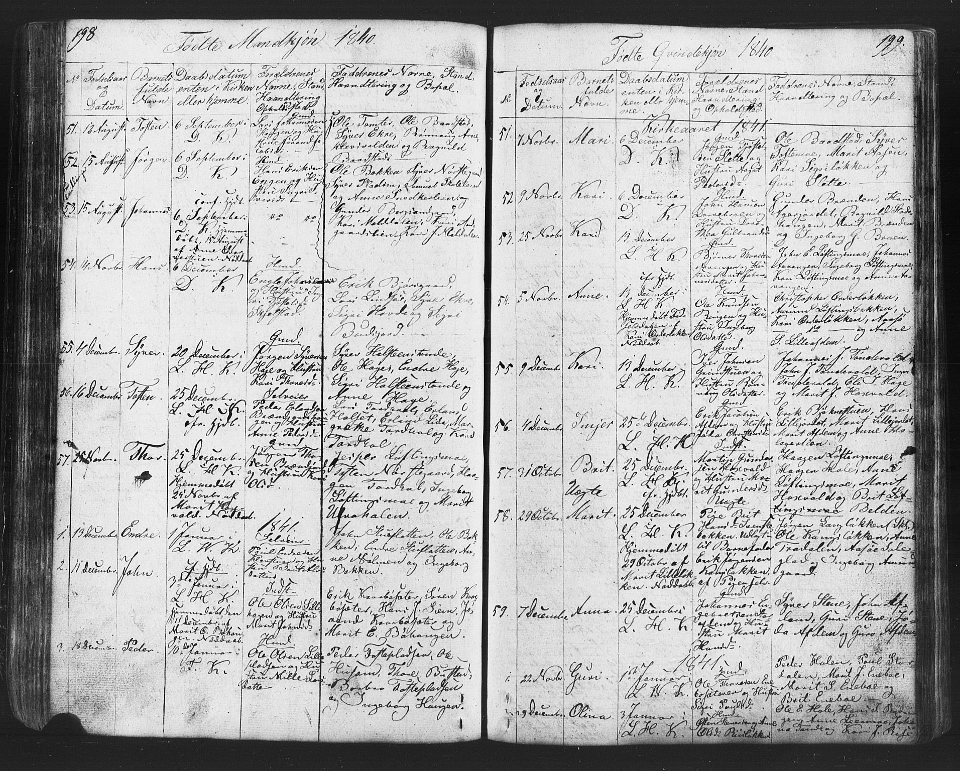 Lesja prestekontor, SAH/PREST-068/H/Ha/Hab/L0002: Parish register (copy) no. 2, 1832-1850, p. 198-199