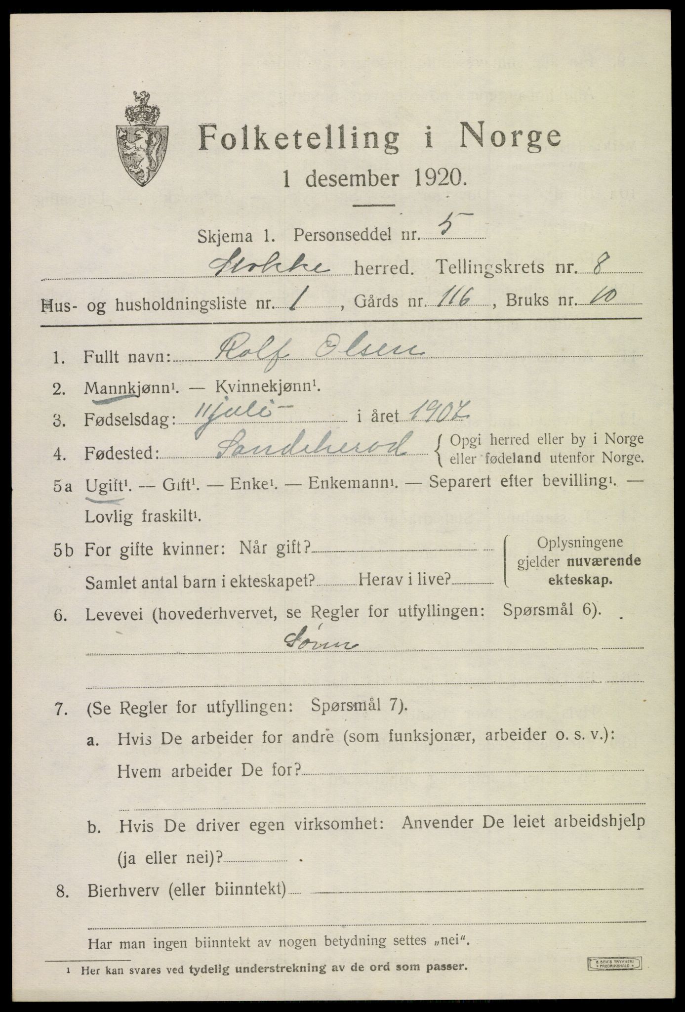 SAKO, 1920 census for Stokke, 1920, p. 9300