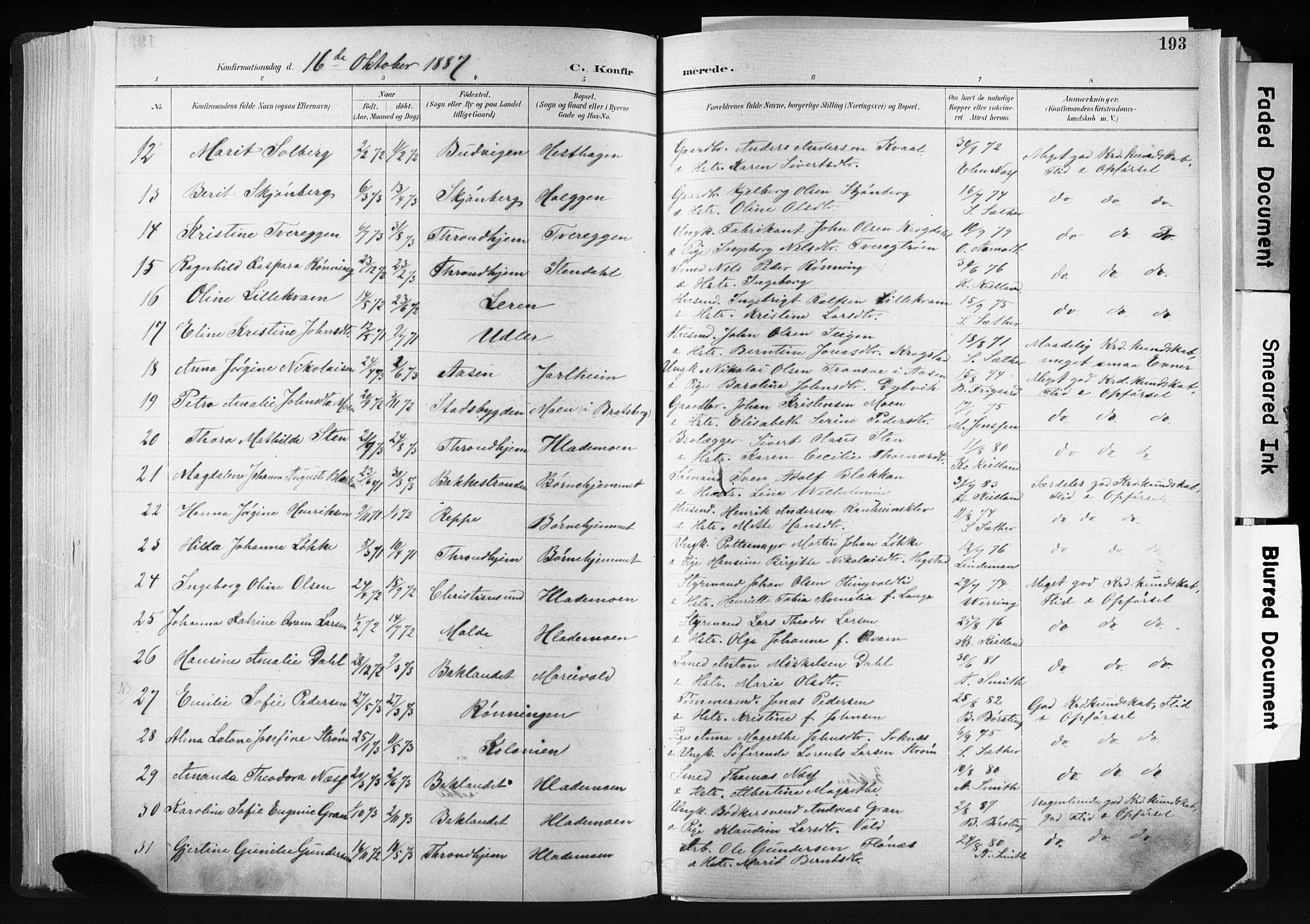 Ministerialprotokoller, klokkerbøker og fødselsregistre - Sør-Trøndelag, AV/SAT-A-1456/606/L0300: Parish register (official) no. 606A15, 1886-1893, p. 193