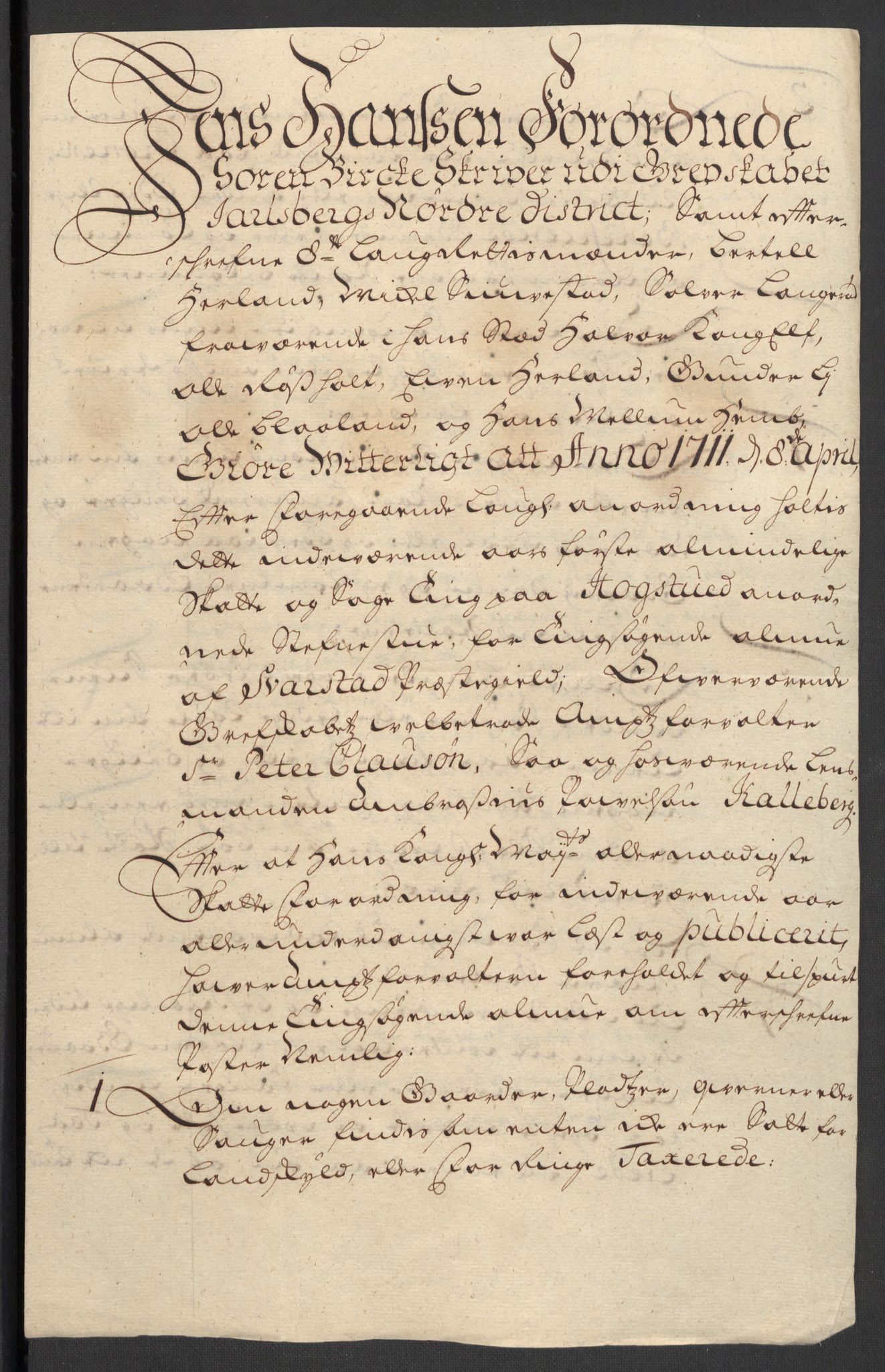 Rentekammeret inntil 1814, Reviderte regnskaper, Fogderegnskap, RA/EA-4092/R32/L1876: Fogderegnskap Jarlsberg grevskap, 1711, p. 371