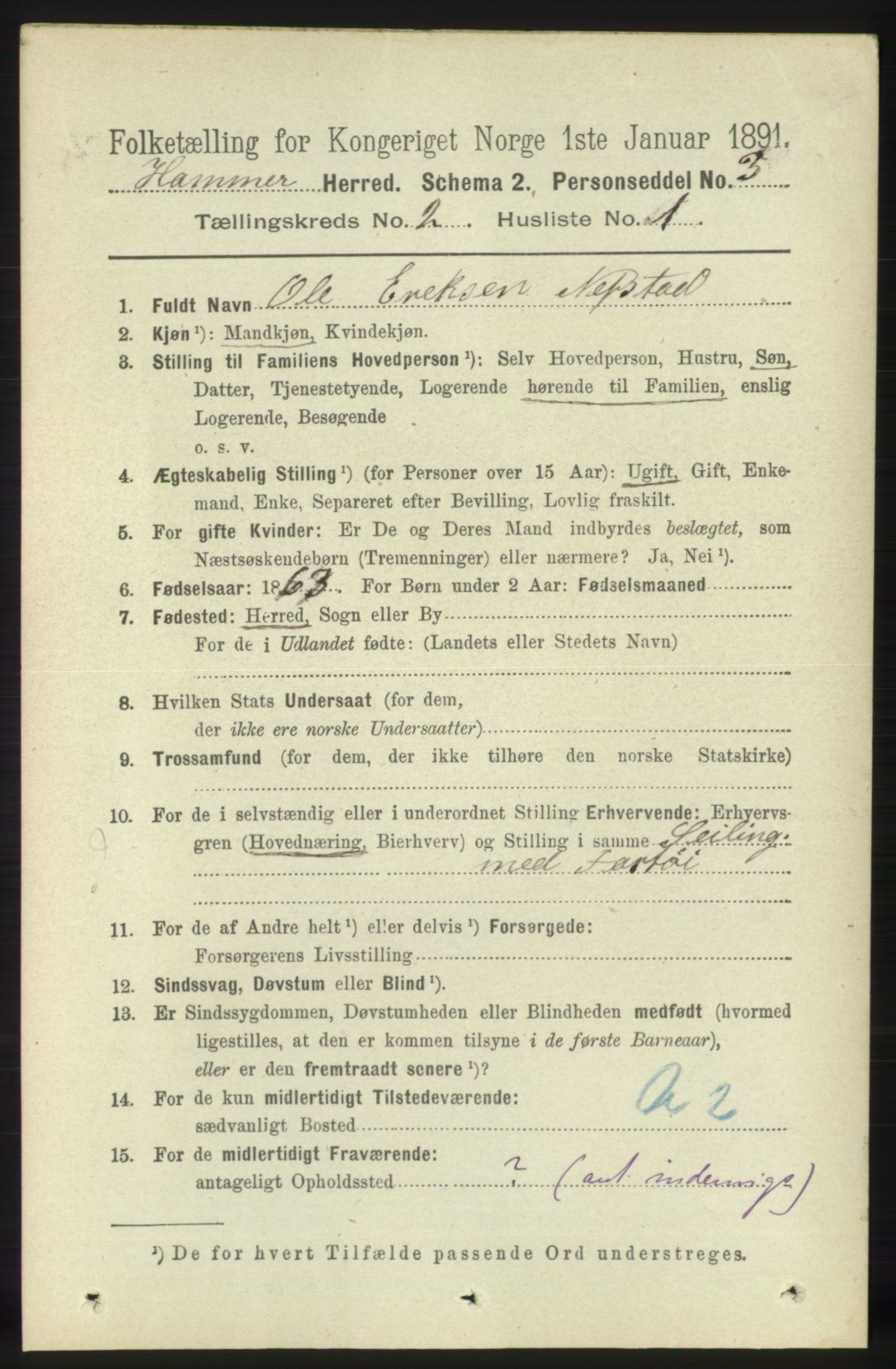 RA, 1891 census for 1254 Hamre, 1891, p. 227