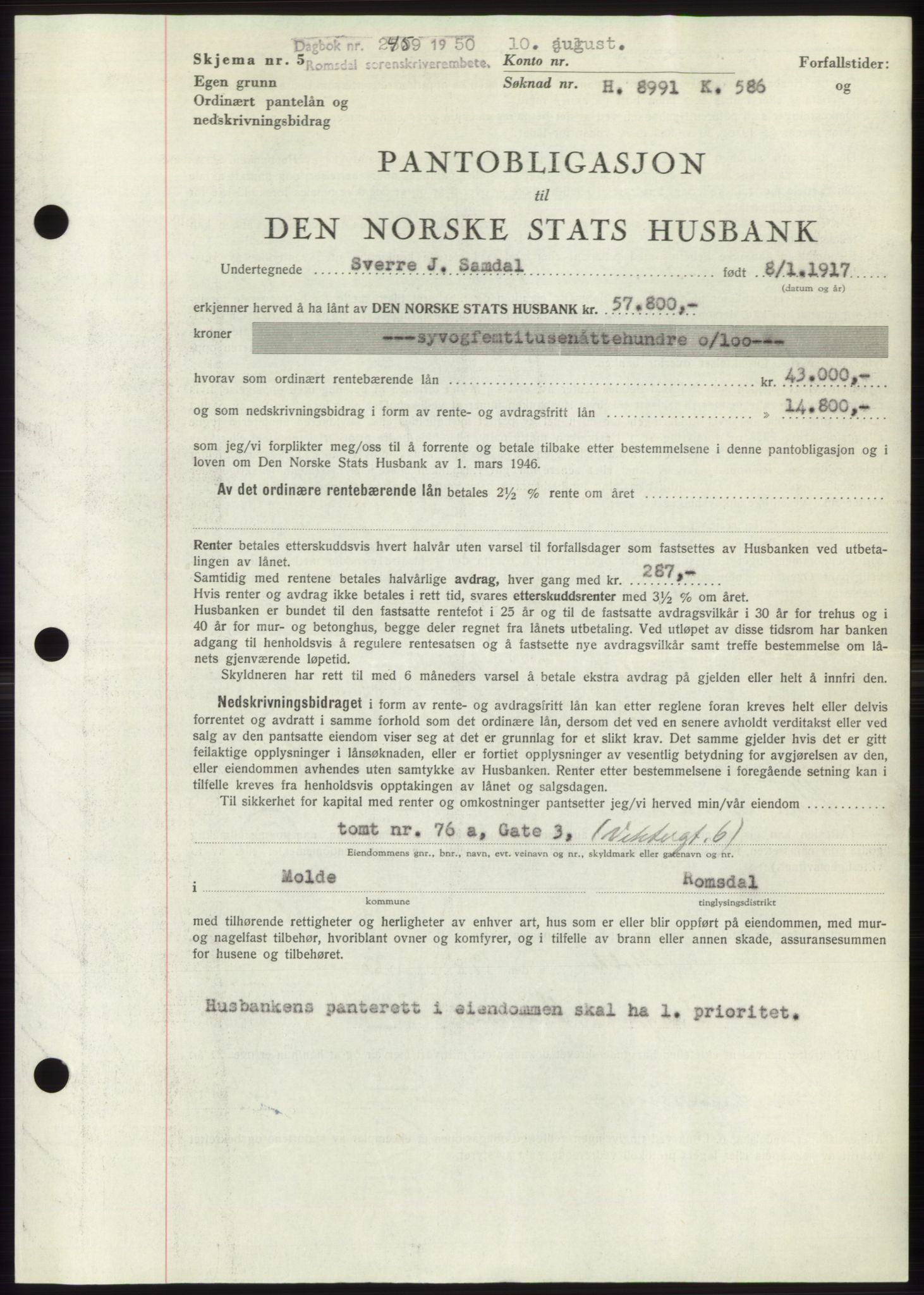 Romsdal sorenskriveri, AV/SAT-A-4149/1/2/2C: Mortgage book no. B5, 1949-1950, Diary no: : 2459/1950