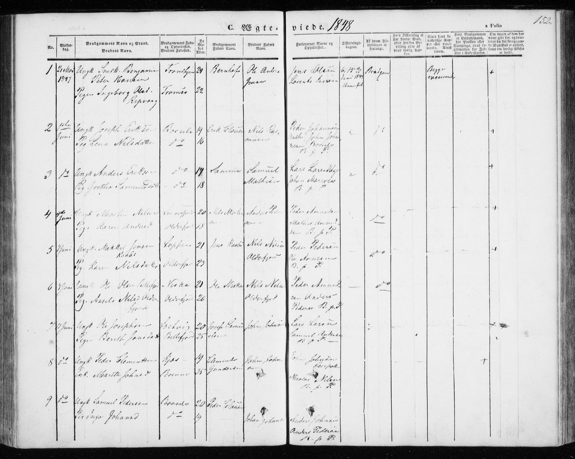 Kistrand/Porsanger sokneprestembete, AV/SATØ-S-1351/H/Ha/L0004.kirke: Parish register (official) no. 4, 1843-1860, p. 152