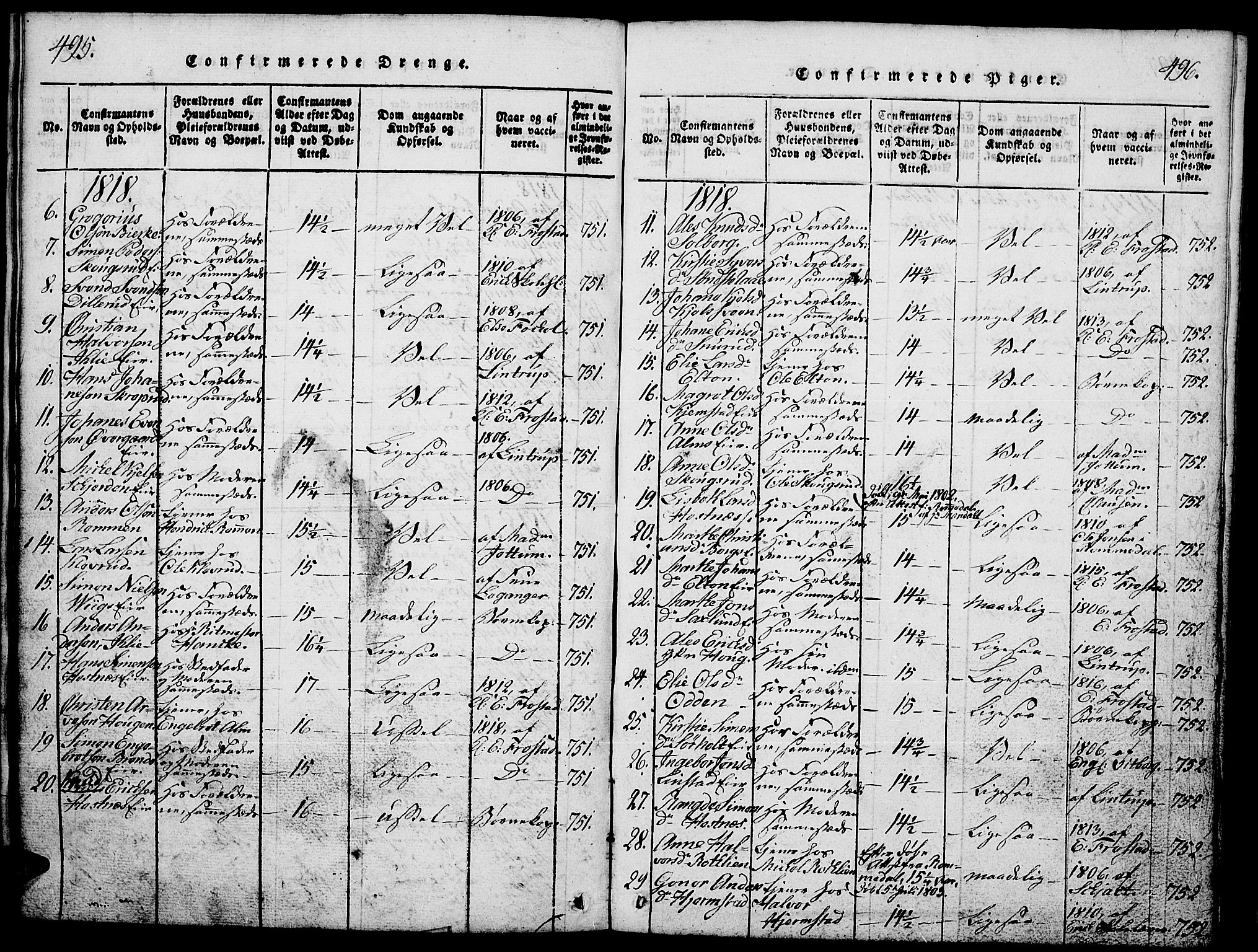 Stange prestekontor, SAH/PREST-002/L/L0001: Parish register (copy) no. 1, 1814-1825, p. 495-496