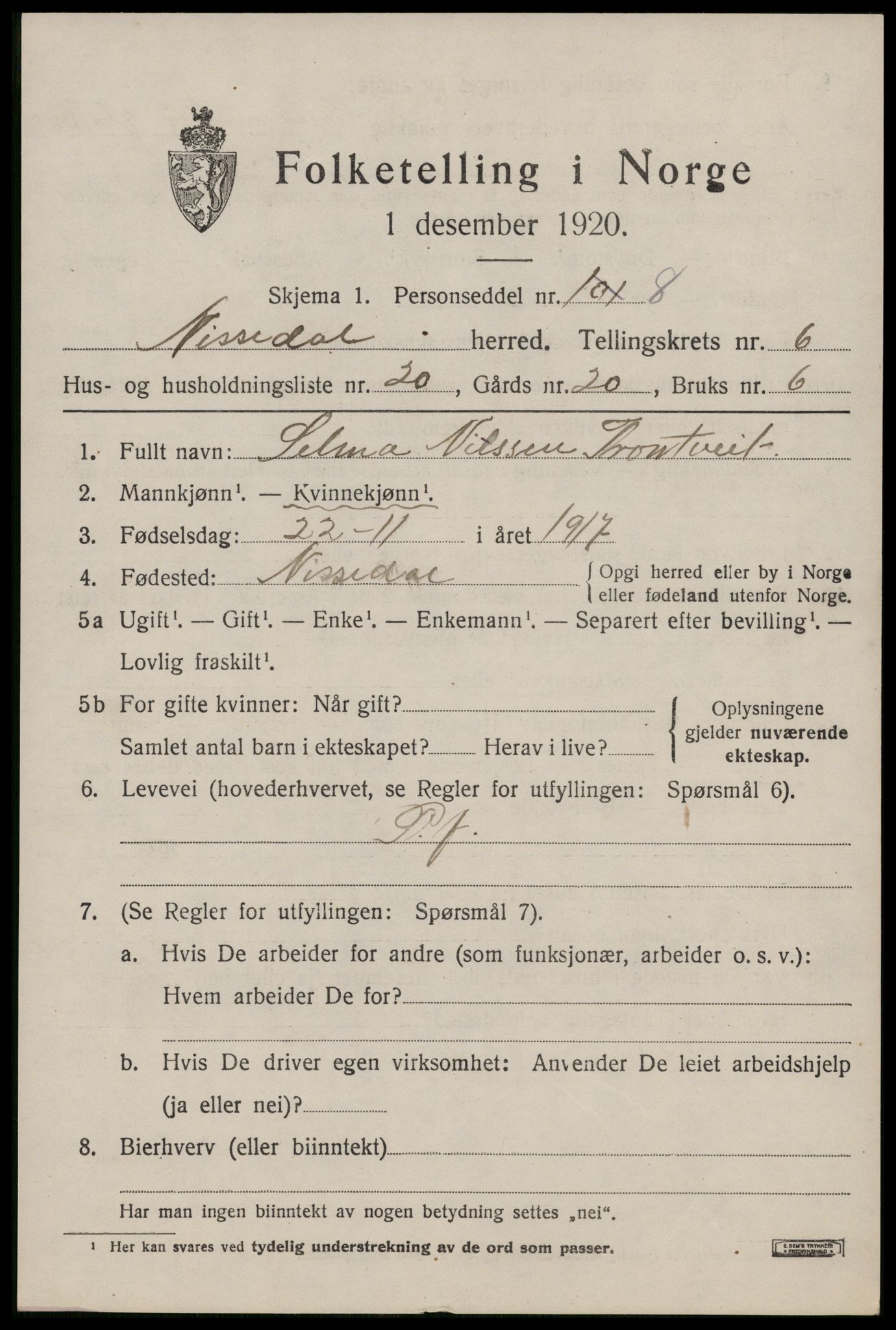 SAKO, 1920 census for Nissedal, 1920, p. 2471