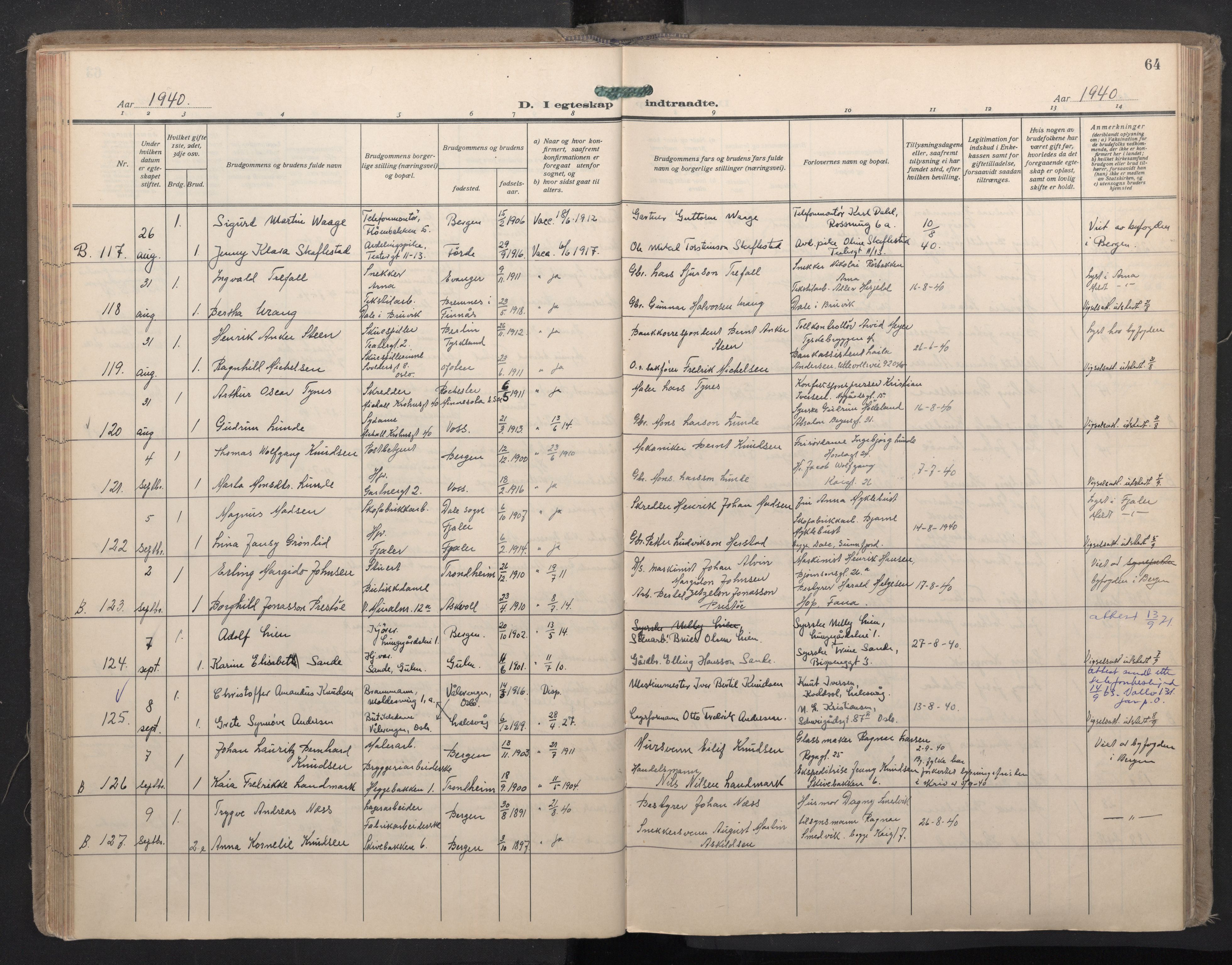 Domkirken sokneprestembete, AV/SAB-A-74801/H/Haa: Parish register (official) no. D 7, 1937-1950, p. 63b-64a