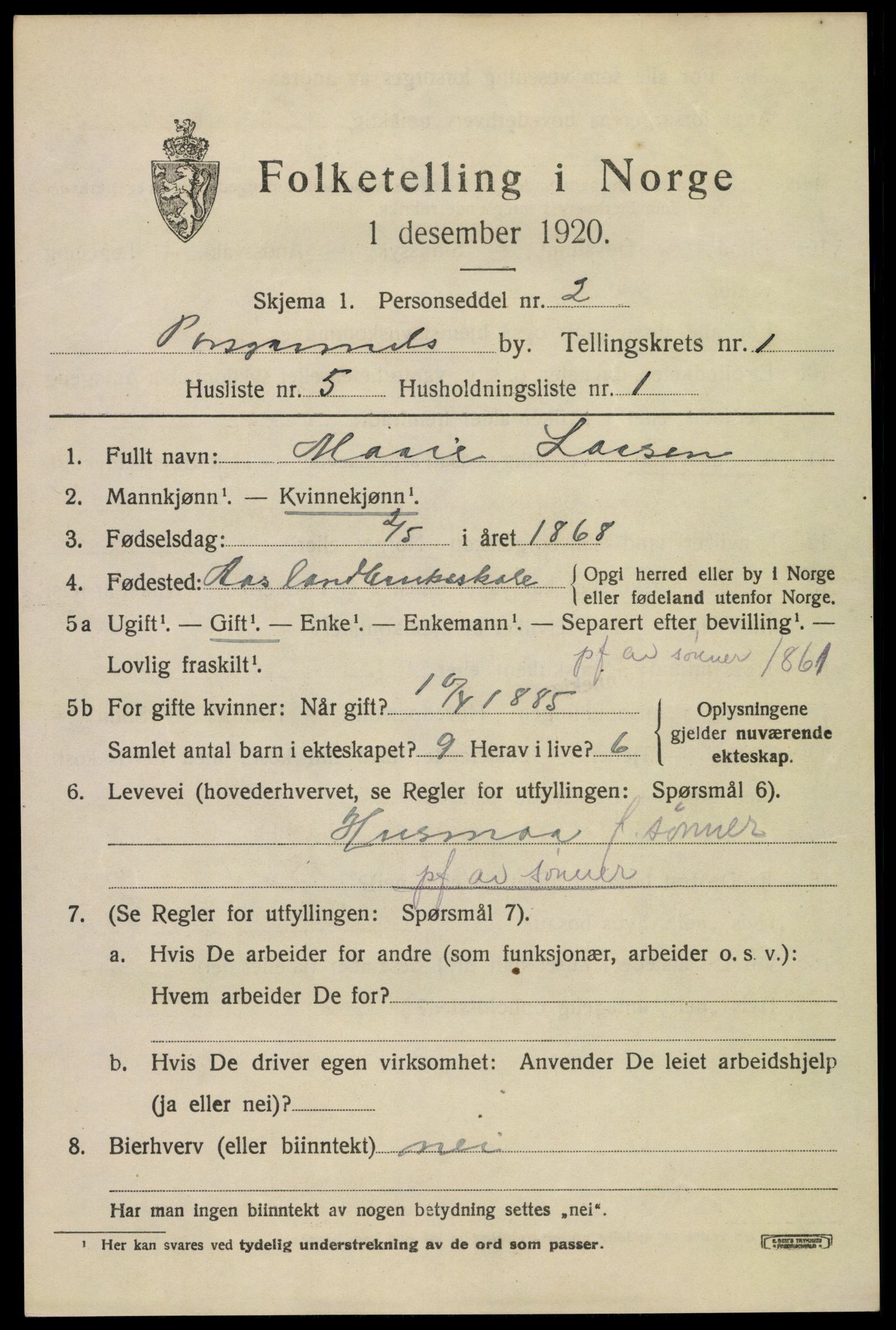 SAKO, 1920 census for Porsgrunn, 1920, p. 7155