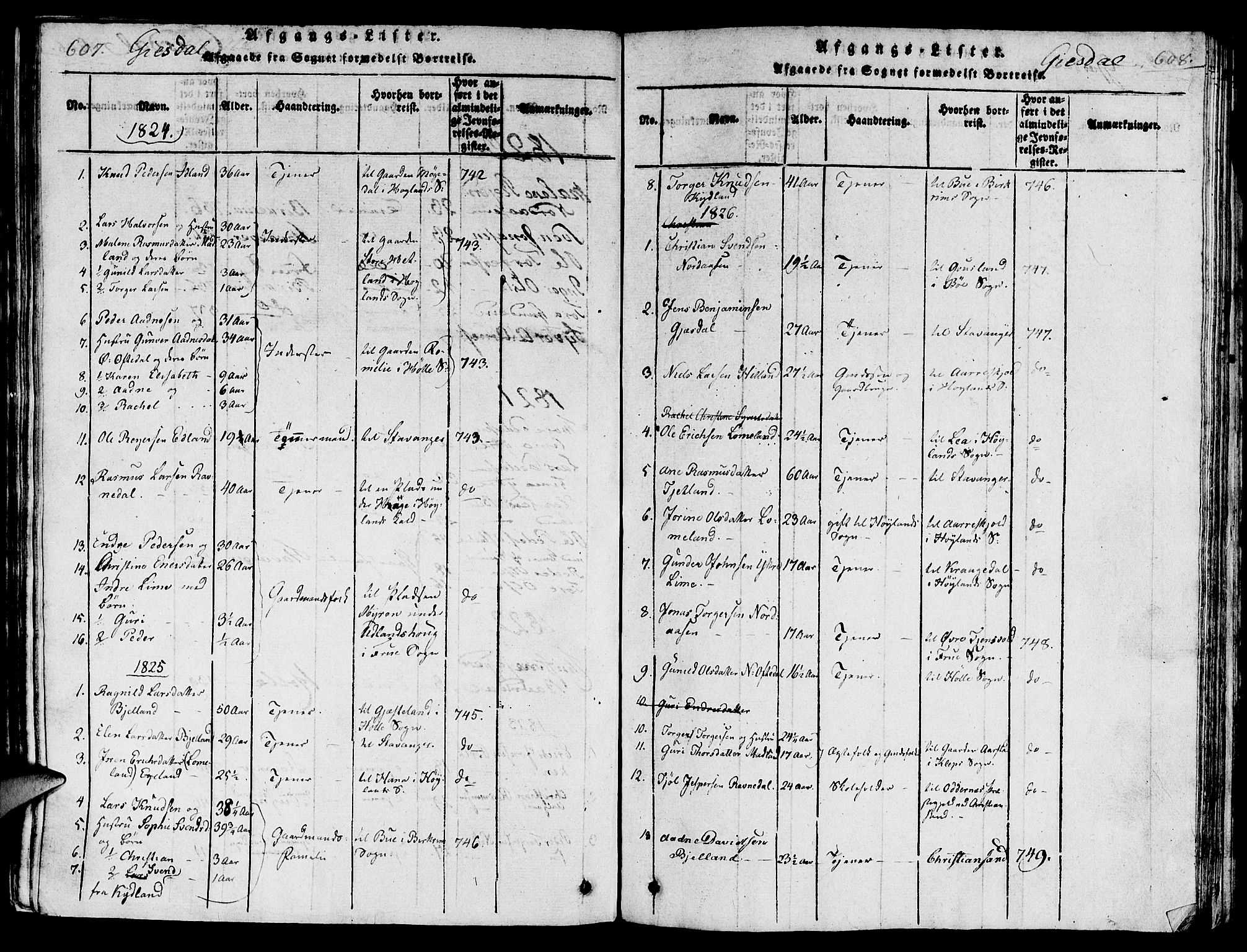 Lye sokneprestkontor, SAST/A-101794/001/30/30BA/L0003: Parish register (official) no. A 3 /2, 1816-1826, p. 607-608