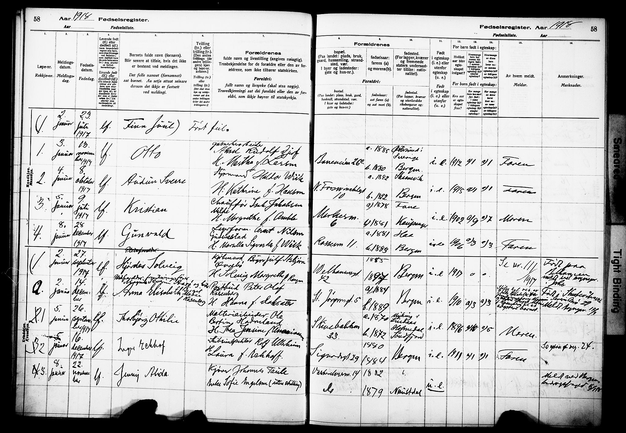 Domkirken sokneprestembete, SAB/A-74801/I/Id/L00A1: Birth register no. A 1, 1916-1923, p. 58