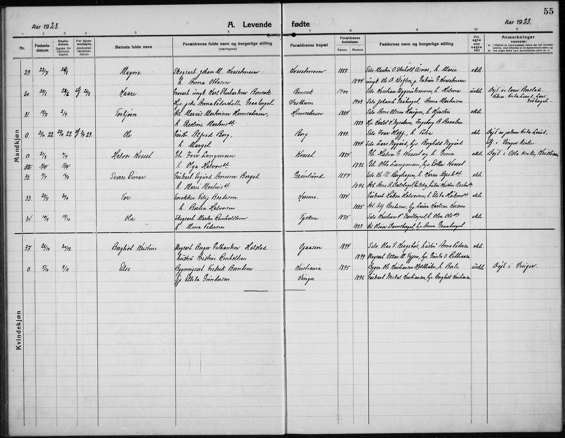 Hof prestekontor, AV/SAH-PREST-038/H/Ha/Hab/L0002: Parish register (copy) no. 2, 1915-1934, p. 55