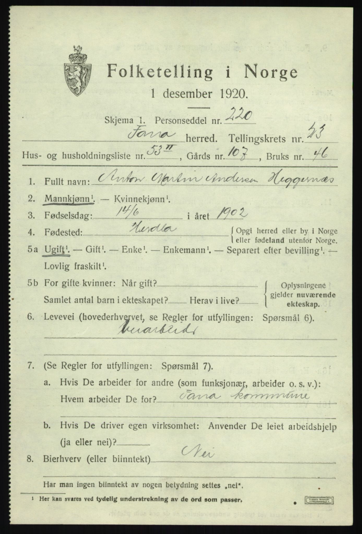 SAB, 1920 census for Fana, 1920, p. 26727