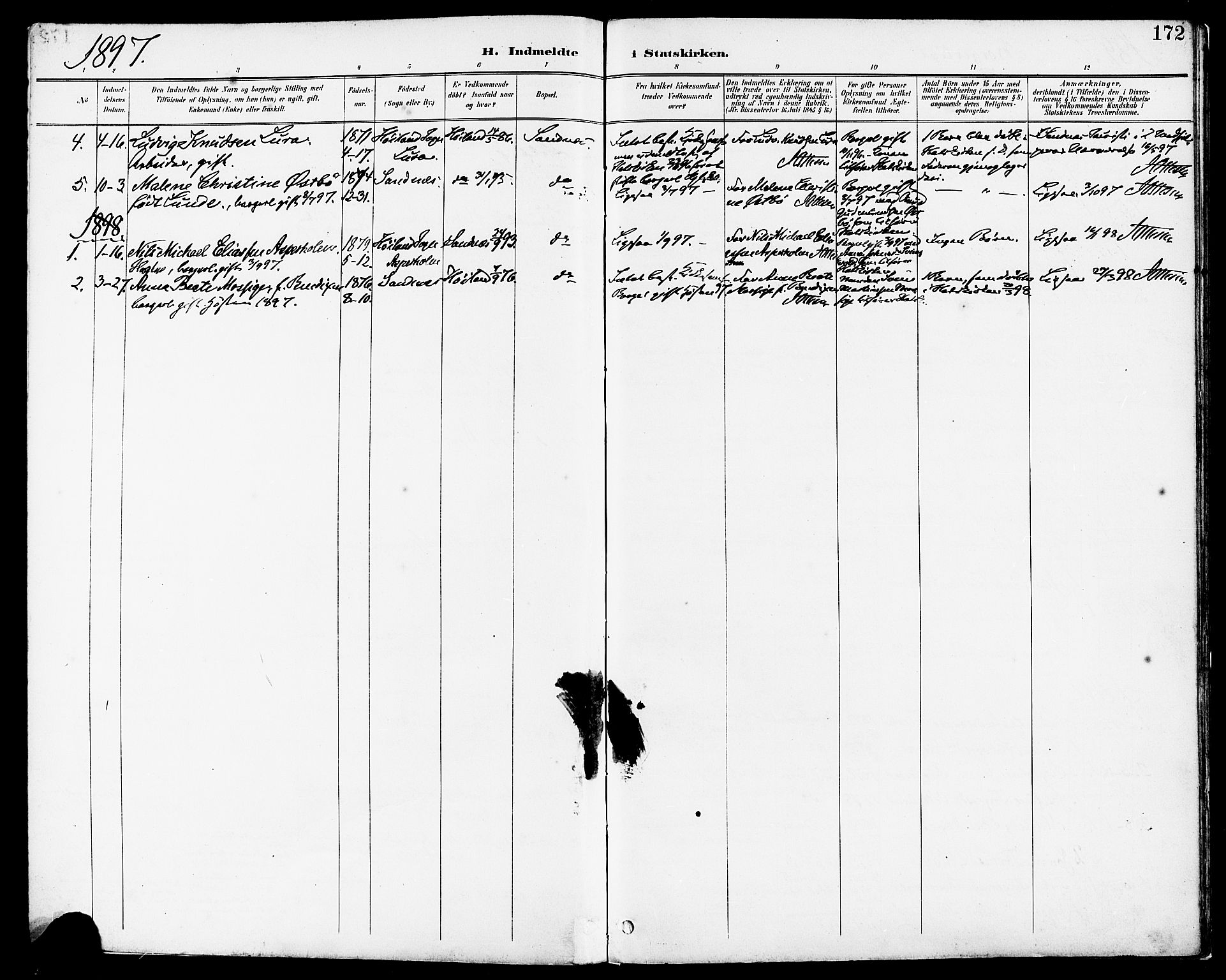 Høyland sokneprestkontor, SAST/A-101799/001/30BA/L0014: Parish register (official) no. A 12, 1890-1898, p. 172