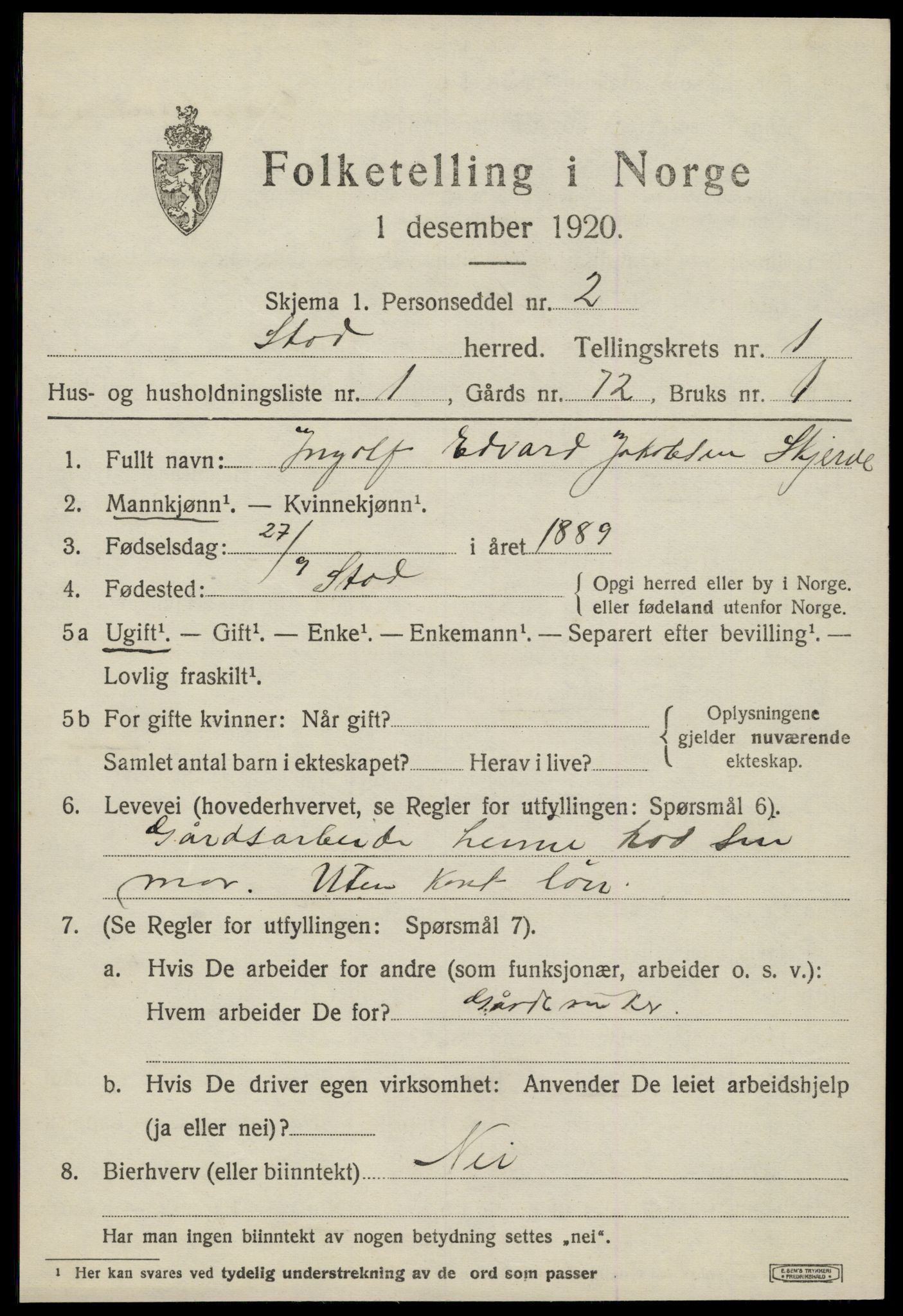 SAT, 1920 census for Stod, 1920, p. 424