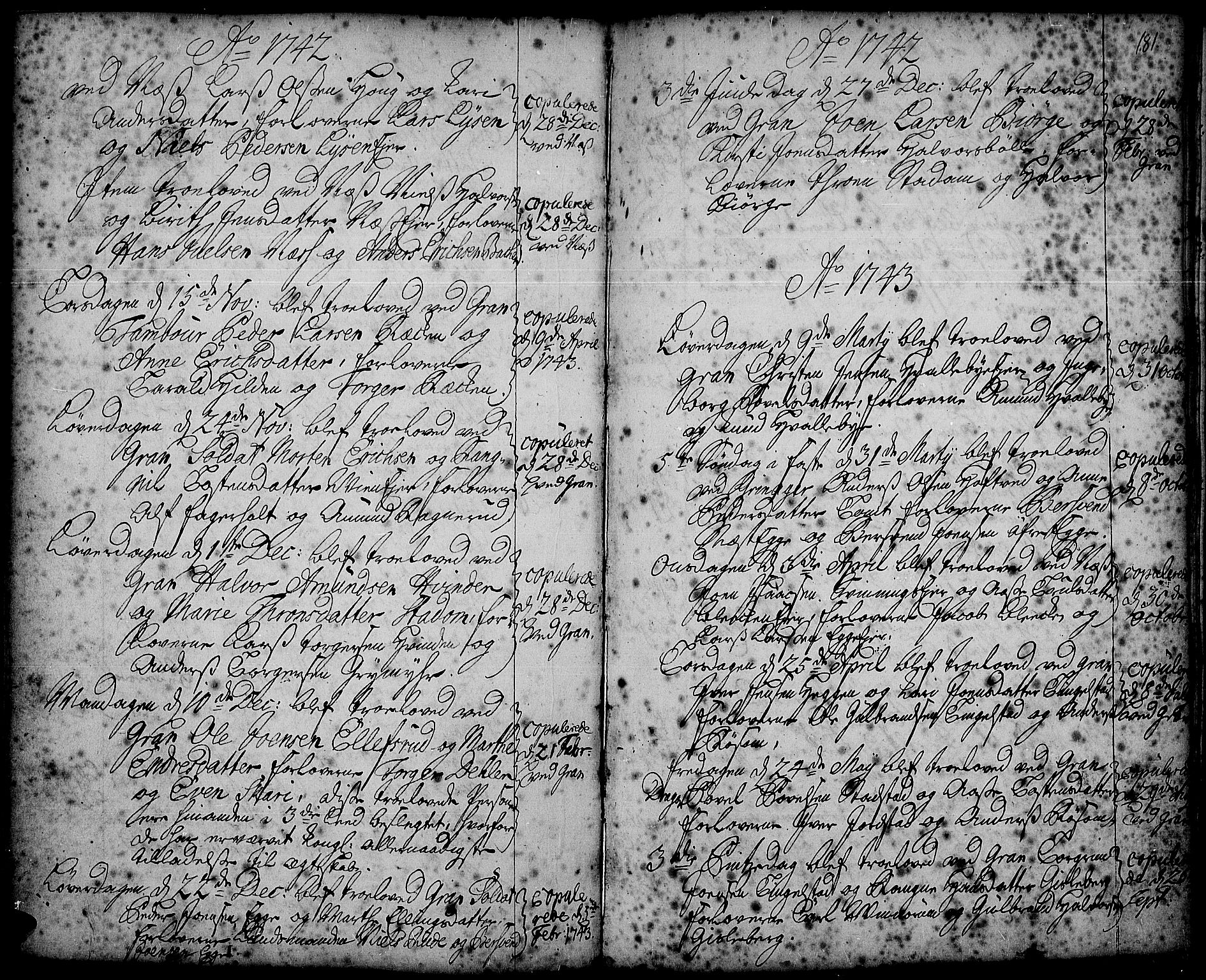 Gran prestekontor, SAH/PREST-112/H/Ha/Haa/L0002: Parish register (official) no. 2, 1732-1744, p. 181