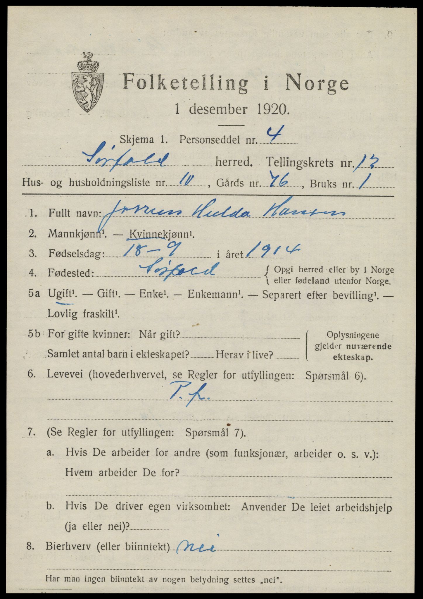 SAT, 1920 census for Sørfold, 1920, p. 6569