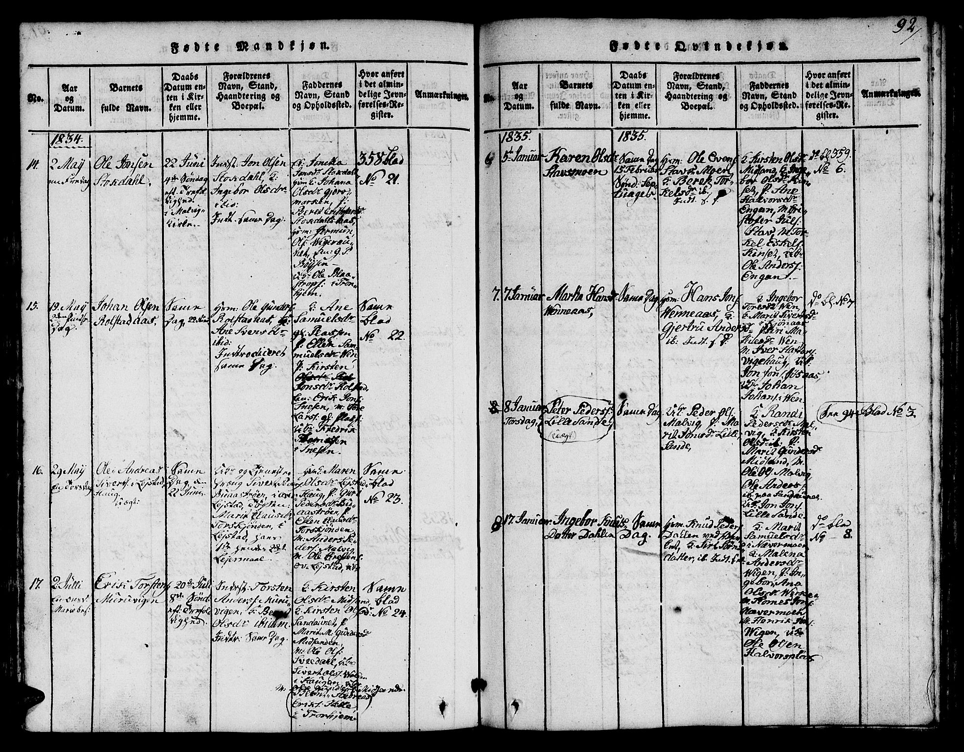 Ministerialprotokoller, klokkerbøker og fødselsregistre - Sør-Trøndelag, SAT/A-1456/616/L0420: Parish register (copy) no. 616C03, 1817-1835, p. 92
