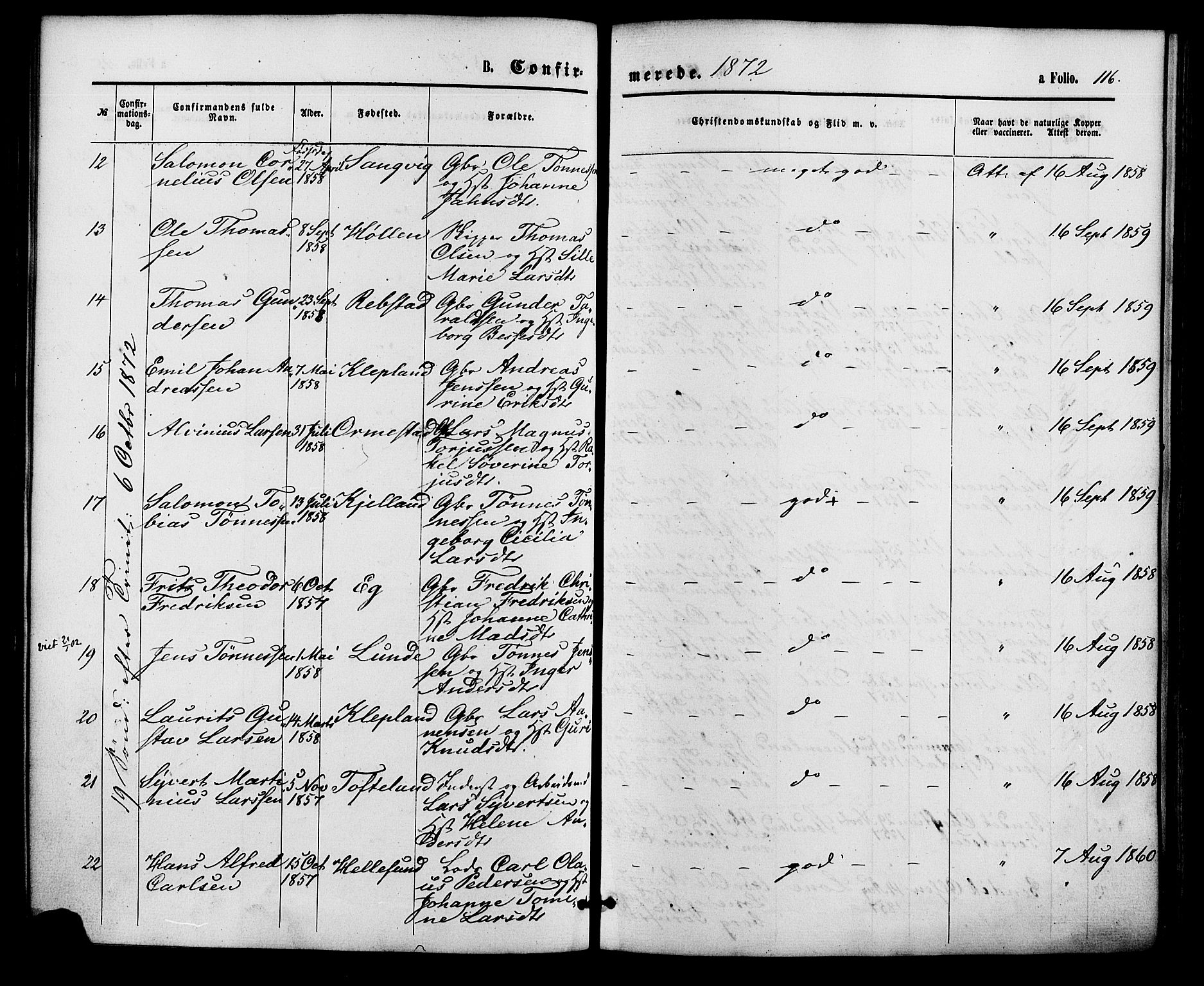 Søgne sokneprestkontor, AV/SAK-1111-0037/F/Fa/Fab/L0011: Parish register (official) no. A 11, 1869-1879, p. 116