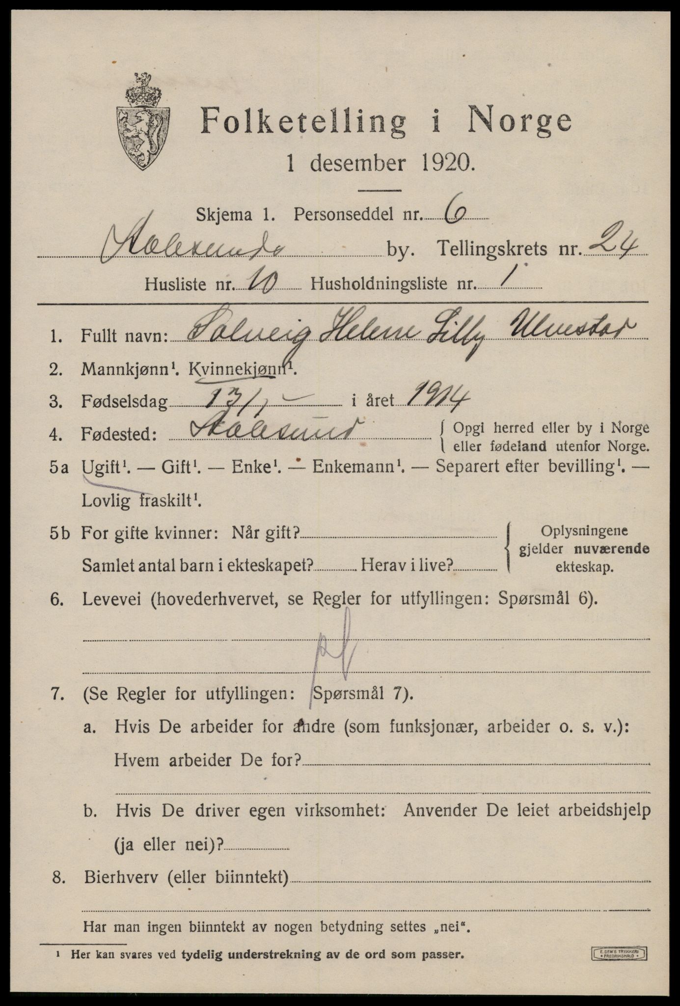 SAT, 1920 census for Ålesund, 1920, p. 43386